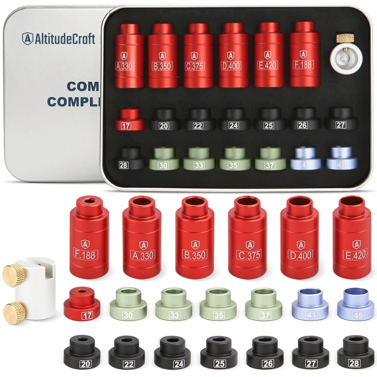 Bullet and Headspace Gauge Comparator Kit with 14 Inserts and 6 Bushings, Reloading Supplies and Equipment and Reloading Tool with Tin Box, Anodized Aluminum