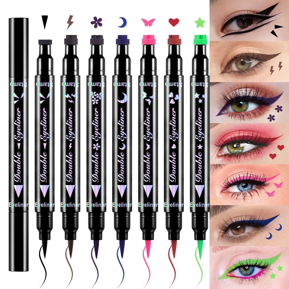 7Pcs Colored liquid Eye Liners Face Stamp Cosplay Gothic Makeup Set Kit for Beginners, Black Brown Purple Blue Red Pink Green Star Flowers Heart Moon Triangle Lightning Butterfly Stamps Eyeliner
