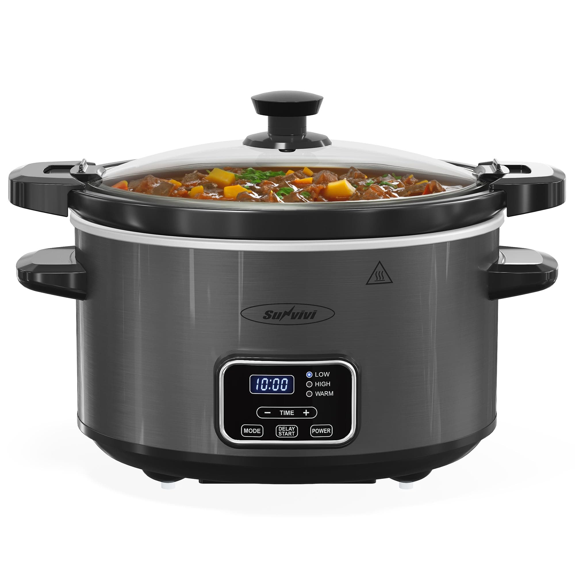 4QT Programmable Slow Cooker with Locking Lid, Removable Ceramic Pot, 3 Heating Settings & Timer, Dishwasher-Safe, Dark Grey