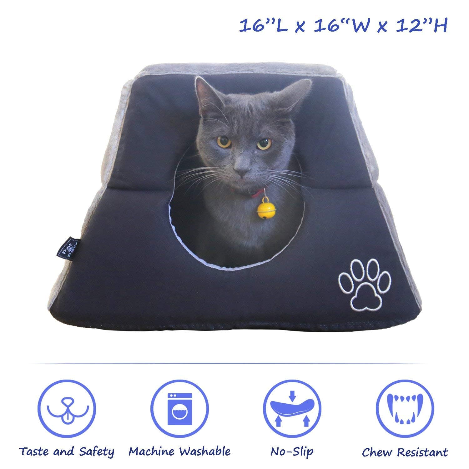 Pet Paw Cave Shape?Unique 2-in-1 Cat Bed/Cat Condo & Cat House Pet Bed/Fade Resistance- Improved Sleep- Black