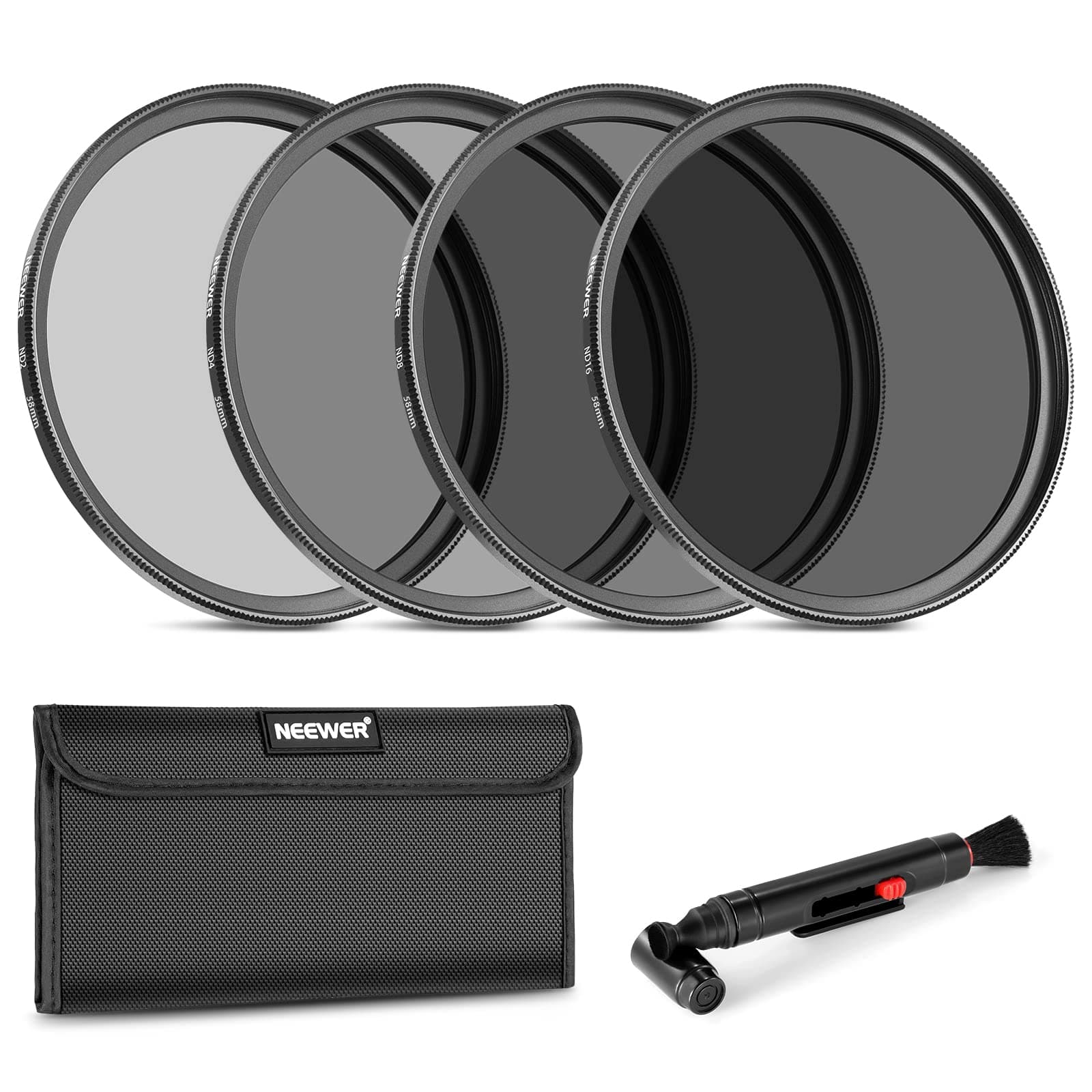 NEEWER 58mm ND Lens Filter Kit: ND2 ND4 ND8 ND16, Lens Cleaning Pen, Filter P...