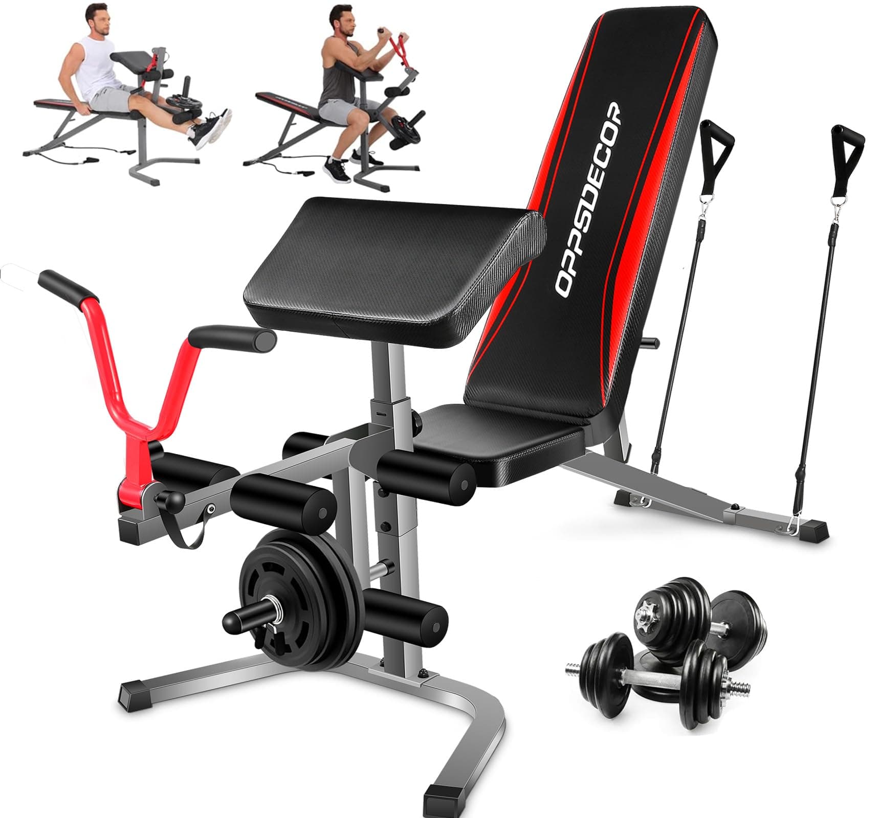OPPSDECOR Adjustable Weight Bench Set with Leg Extension & Leg Curl, 900LBS Incline/Decline/Flat Preacher Curl Bench, Space-Saving Workout Bench for Home Gym