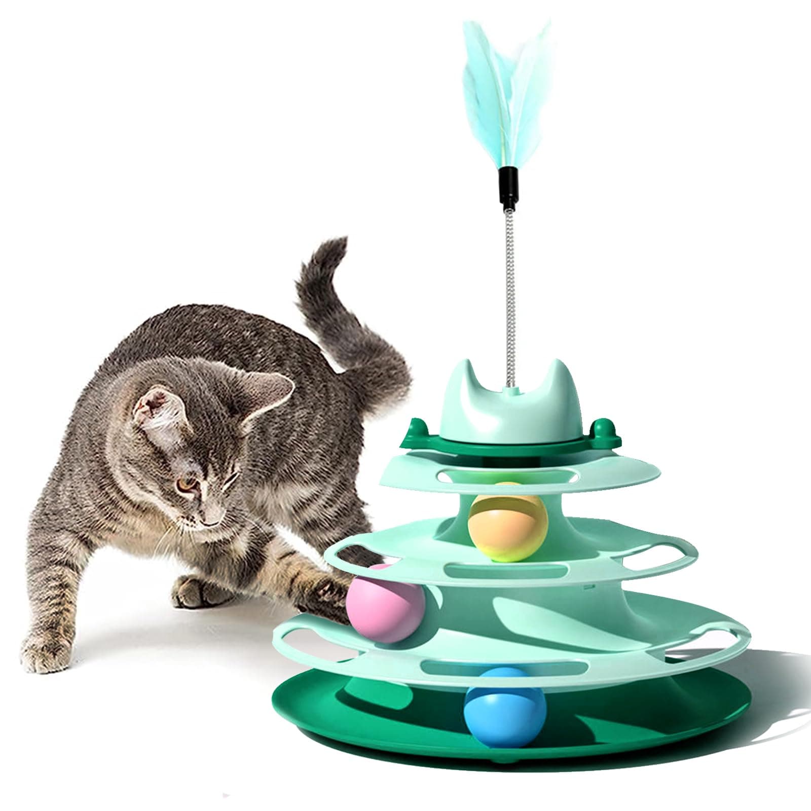 Interactive Cat Toy for Indoor Cats,4-Level Turntable Cat Toy Balls with 3 Colorful Balls,Circular Track Cat Roller Toy with Cat Feather Wand,Suitable for Kittens Hunting/Chasing/Exercising (Green)