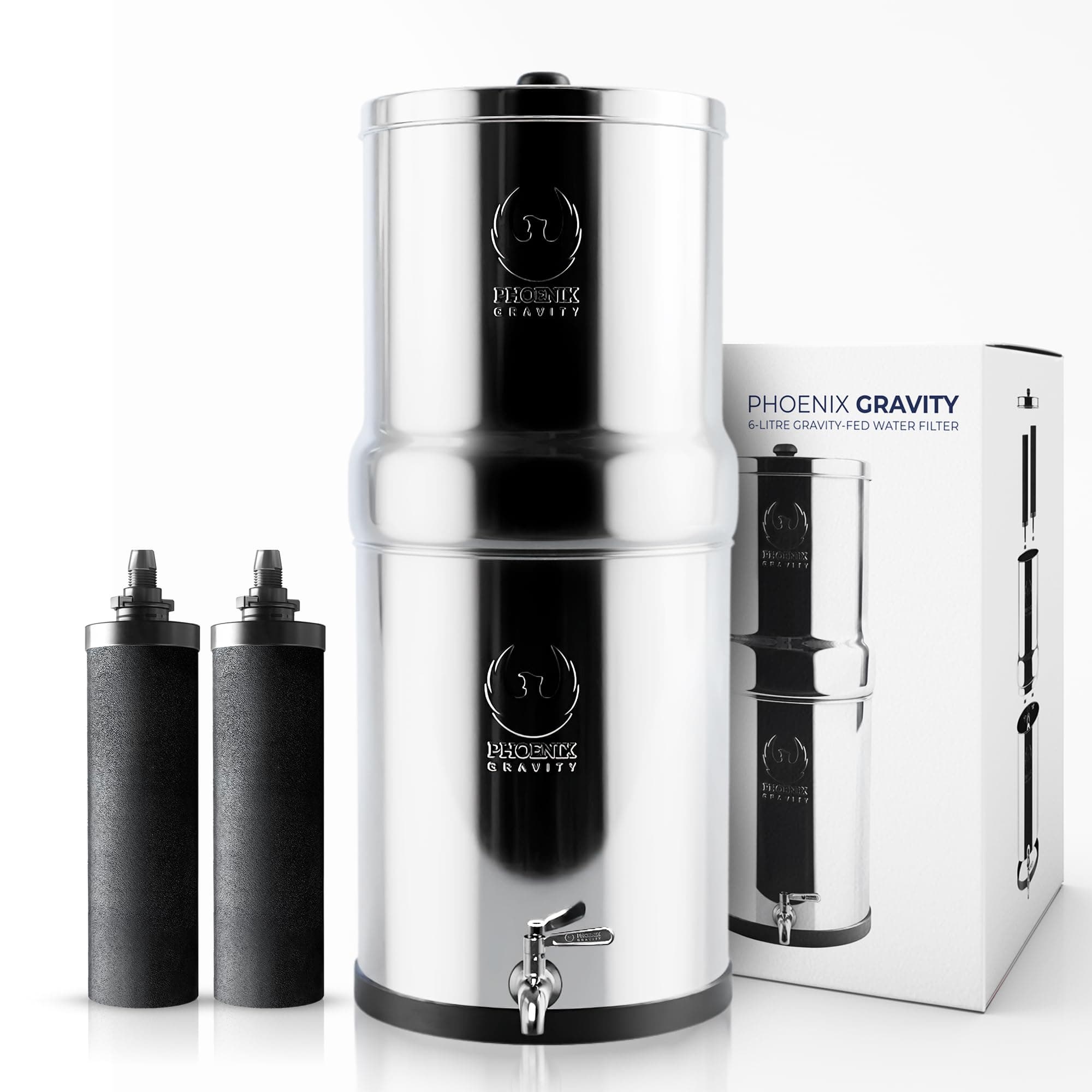 PHOENIX GRAVITY 6-Litre Stainless Steel Gravity Water Filter NSF Certified AISI 304 Countertop Water Filter System with 2 Smart Carbon Filters, Stainless Steel Tap, No Power Or Plumbing Required