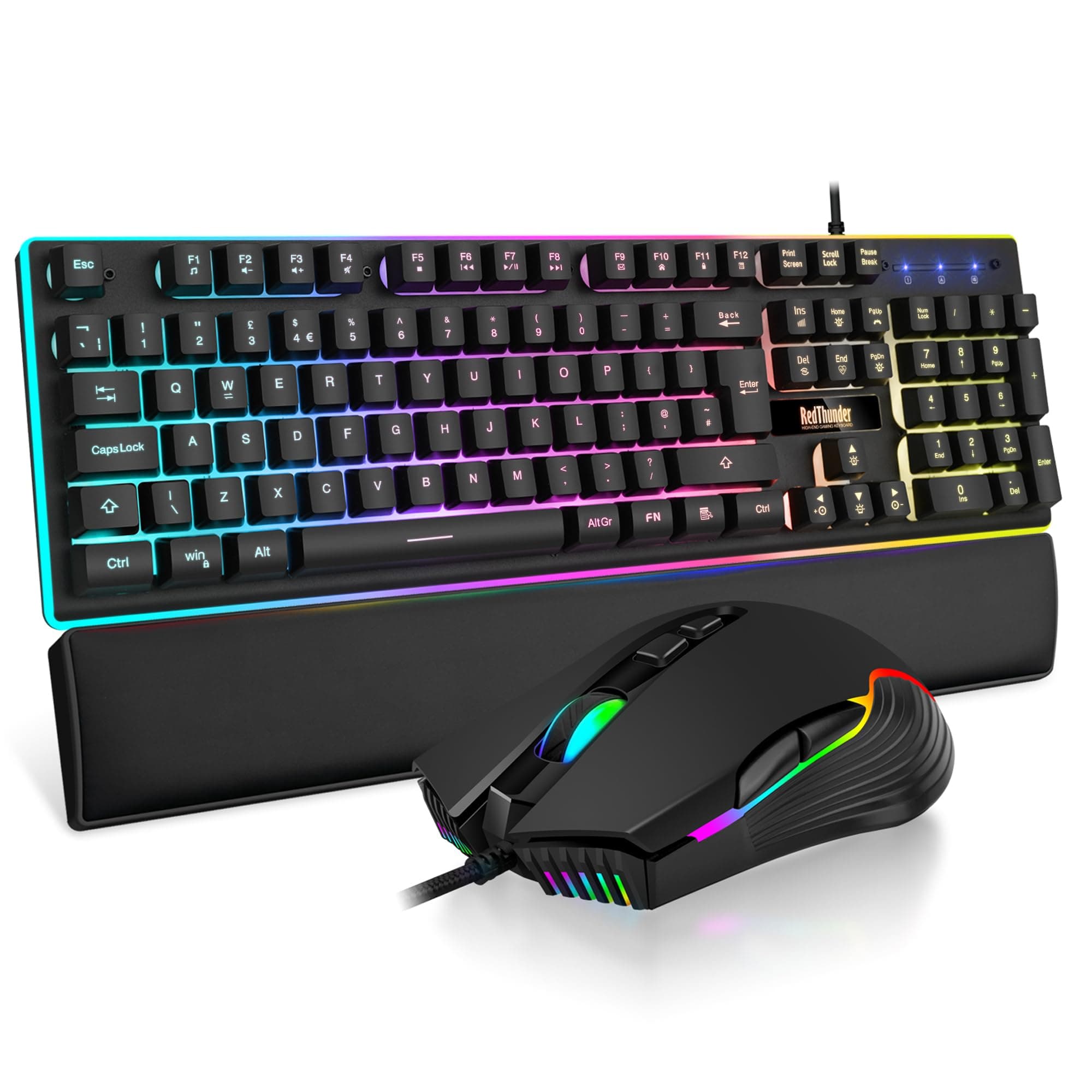 RedThunder K10 Wired Gaming Keyboard and Mouse Combo, UK Layout, True RGB Backlight, Soft Leather Wrist Rest, Mechanical Feel Ergonomic Anti-Ghosting Keyboard + 7D 7200 DPI Mouse for PC, Mac (Black)