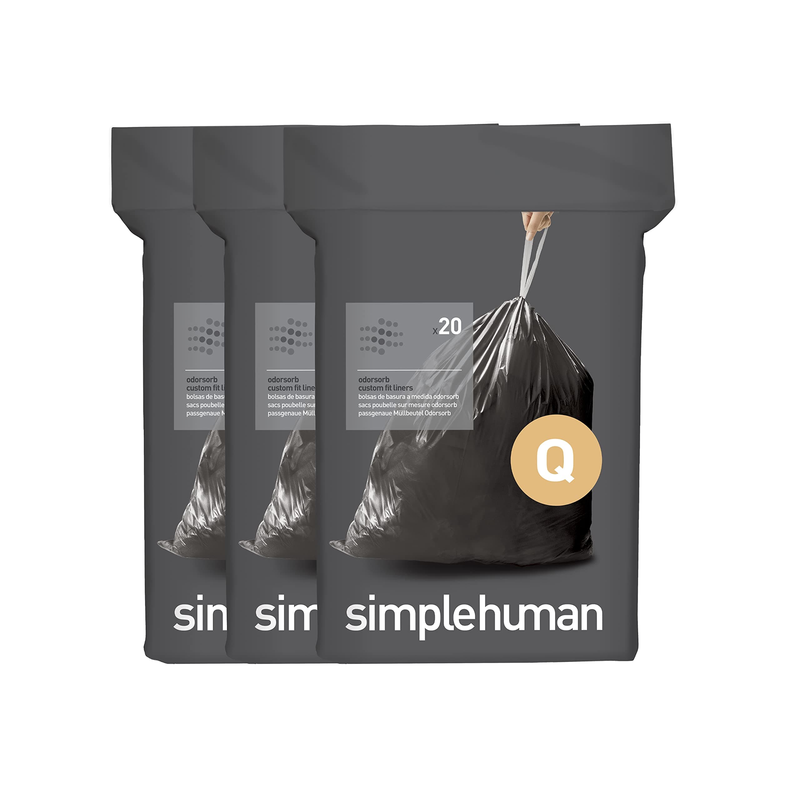 simplehuman Code Q 60 Count, Genuine Odorsorb Custom Fit Liners, Drawstring Odor Absorbing Trash Bags in Dispenser Packs, 50-65 Liter / 13-17 Gallon
