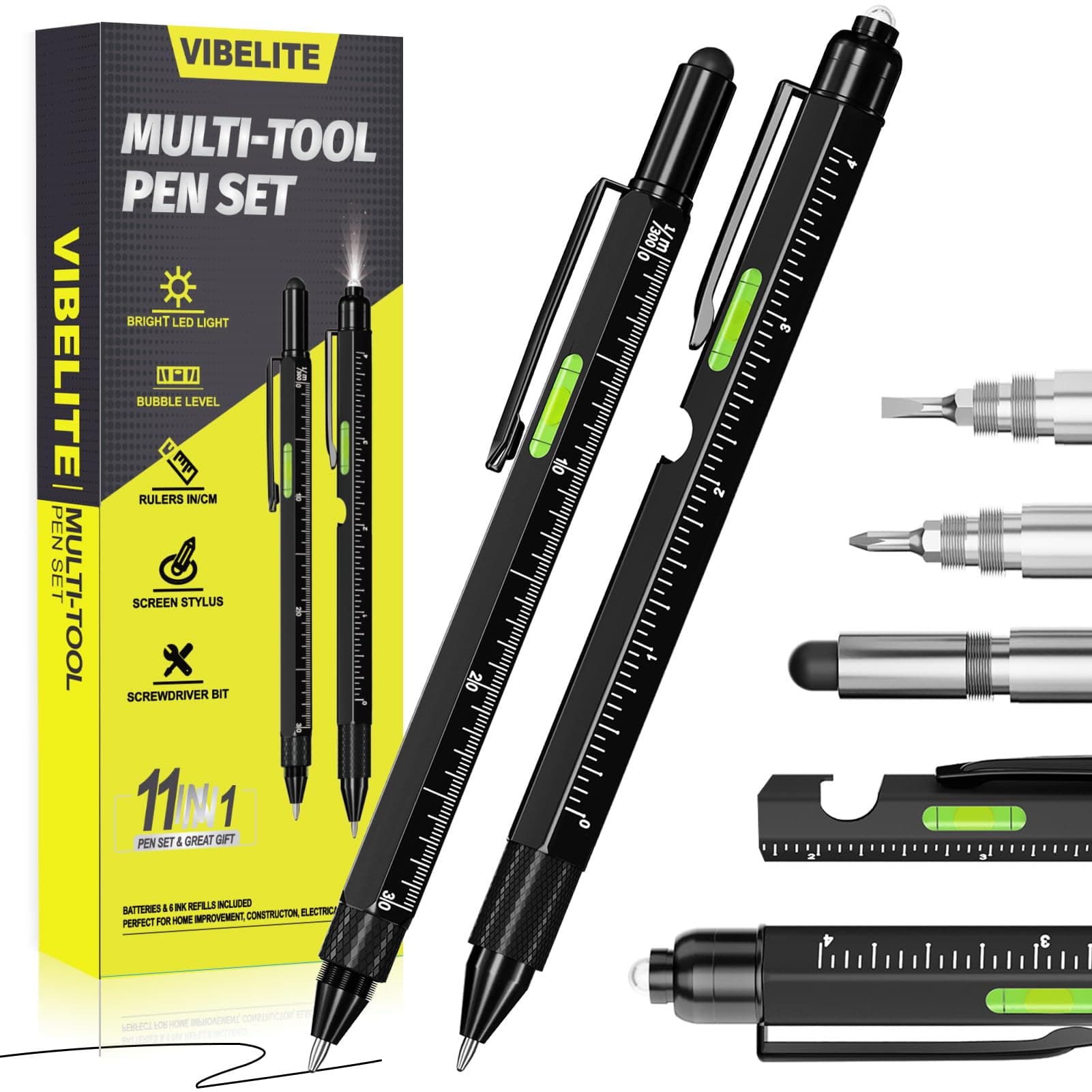 VIBELITE 11 in 1 Multitool Pen Set with LED, Stylus, Level, Screwdriver, Flathead, Gifts for Men, Him, Dad, Father, Teen Boys, Husband, Women, Mens Gifts from Daughter, Wife, Son, Black, 2 Pack