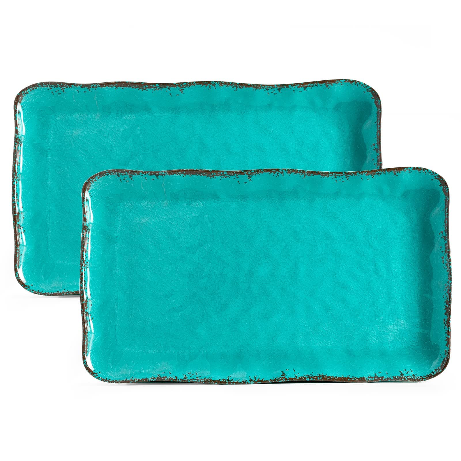 LEHAHA Vintage Melamine Serving Tray Set, Rectangular Large Serving Trays/Platters Set for Serving Food, BPA Free Food Serving Platters and Trays, Set of 2, 17.5"x 10", Teal