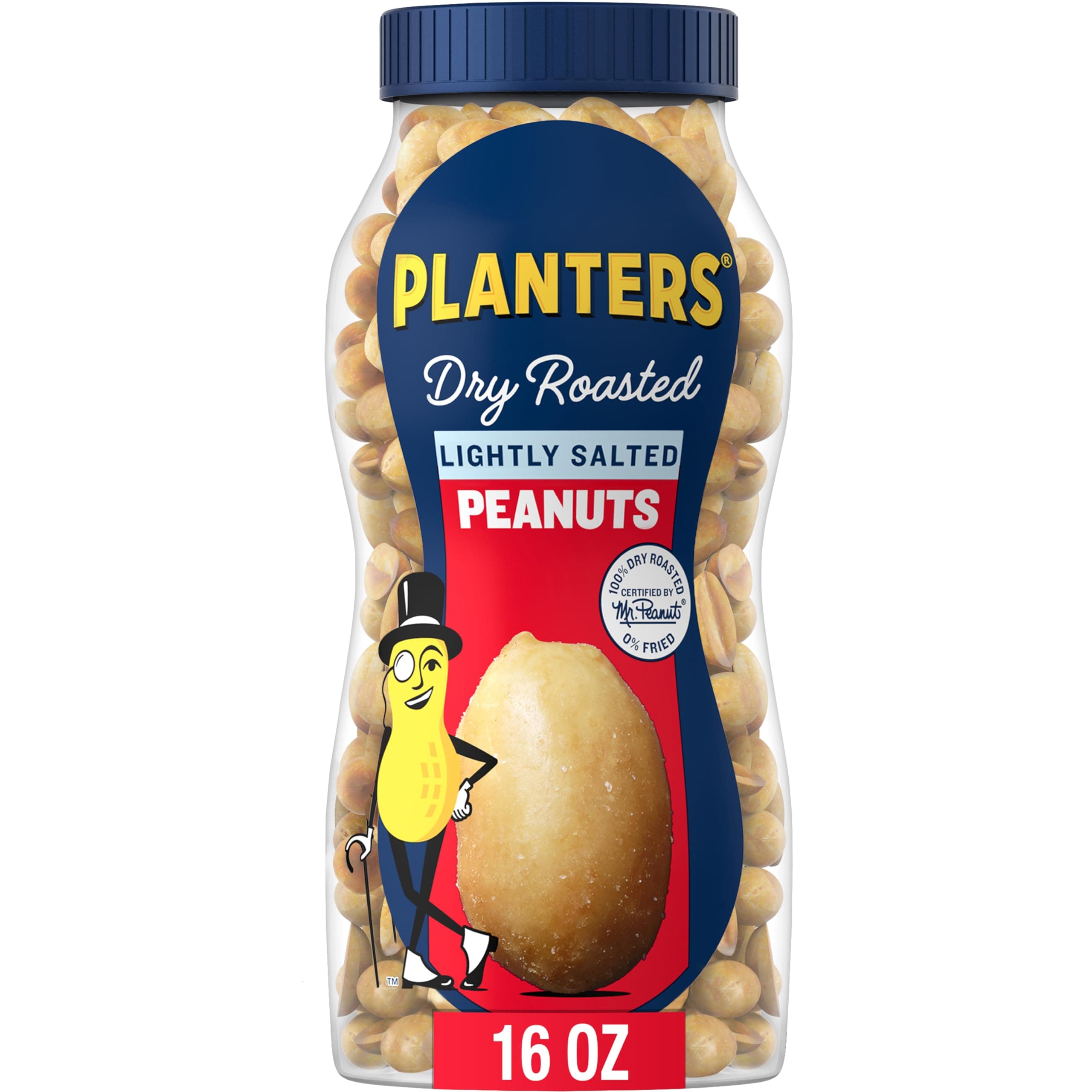 PLANTERS Dry Roasted Peanuts, Plant-Based Protein, Lightly Salted Party Snacks, Peanut Snack, 16 Oz Jar (Pack of 6)