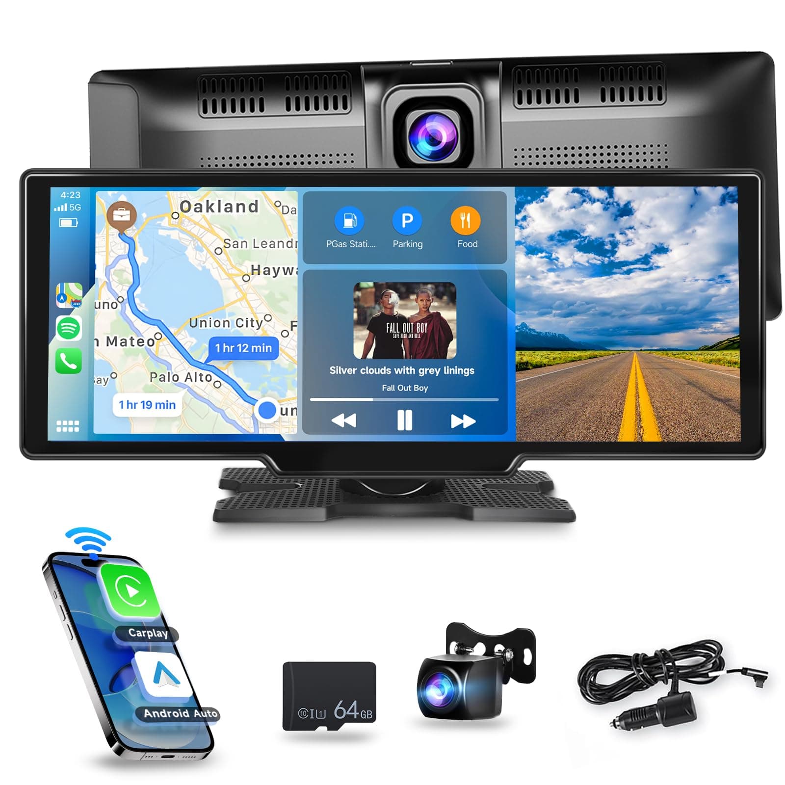 Podofo Portable Car Stereo Wireless Carplay/Android Auto with 2.5K Dash Cam, 1080P Backup Camera, 9.3 Inch HD Touch Screen Car Play Screen, GPS Navigation, Dual Bluetooth, FM/AUX, 64G TF Card