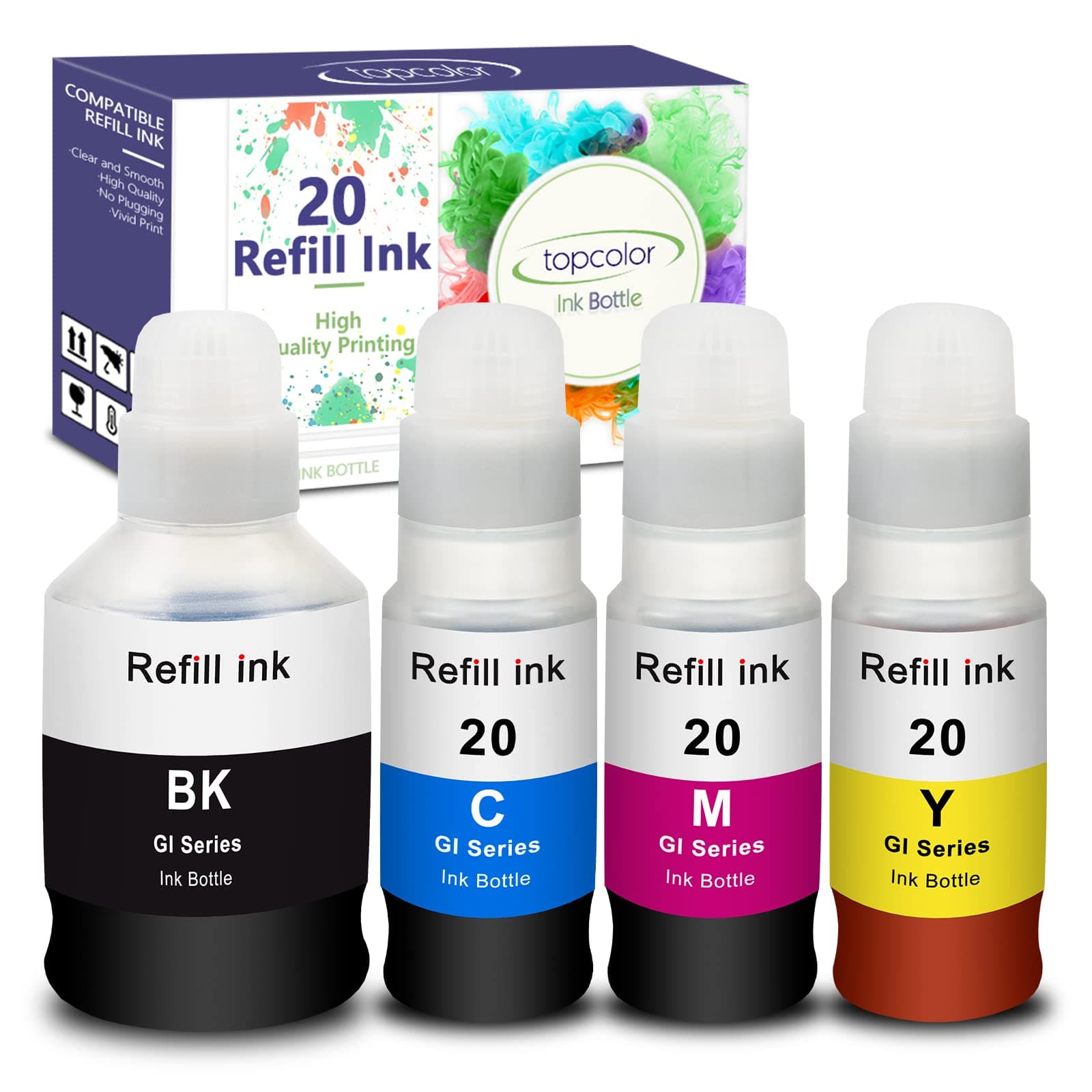 Compatible Dye Ink Replacement for Canon GI-20 GI20 Ink Bottles Refills Kit for Canon G6020 G7020 G5020 MegaTank Printers, 170mL Black Ink Refill, 70mL Cyan Magenta Yellow, 4 Packs