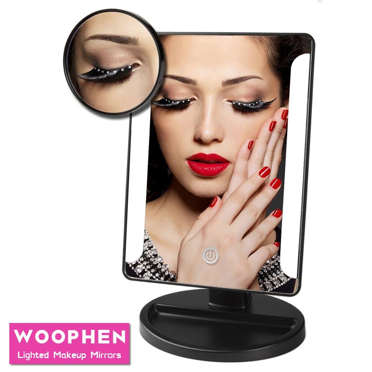 WOOPHEN Lighted Makeup Mirrors Professional 38 LED Touch Dimmable Vanity Mirror Intelligent Adjustable Cosmetic Mirrors with Removable 10x Magnifying Mirrors, Batteries & USB Powered