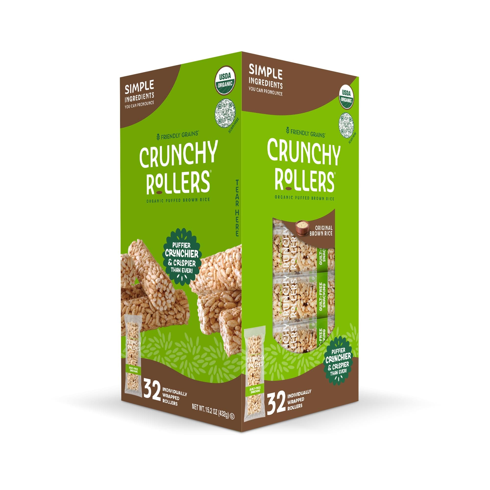 Friendly Grains - Crunchy Rollers - Organic Rice Snacks, Crispy Puffed Rice Rolls, Healthy Snack Rolls for Adults and Kids - Original Brown Rice (16 packs of 2)