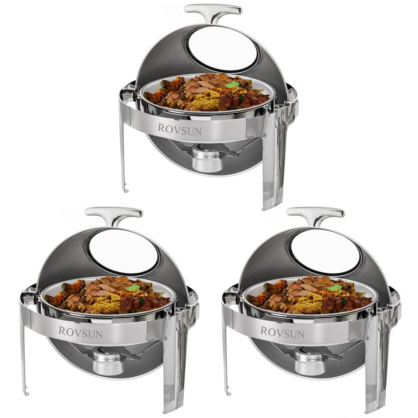 3 Packs Roll Top Chafing Dish Buffet Set,6 Quart Round Stainless Steel Chafer for Catering,Buffet Servers and Warmers Set with Glass Window for Wedding, Parties, Banquet, Events,Graduation