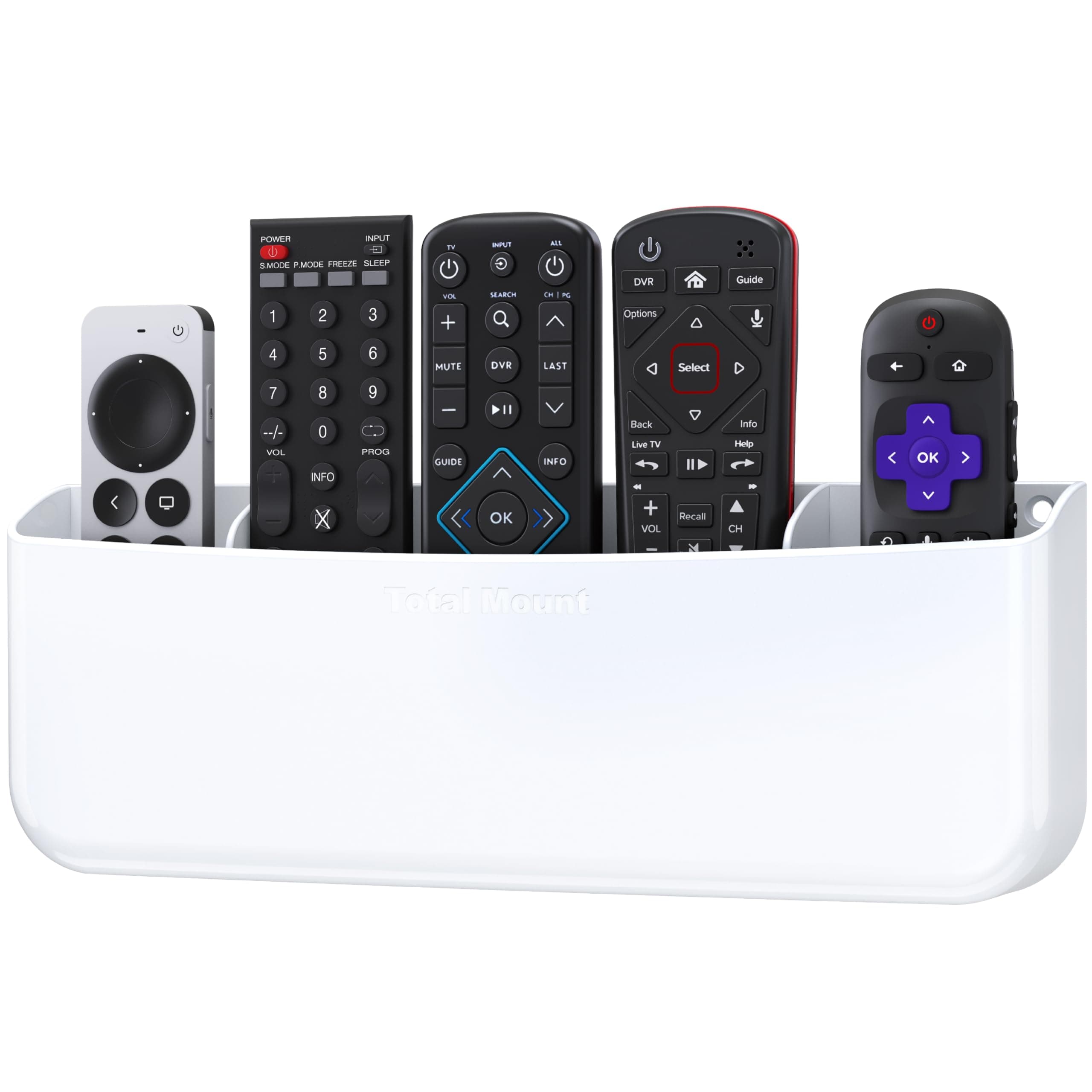 TotalMount Hole-Free Remote Holder – Eliminates The Need to Drill Holes in Your Wall (Premium White Remote Control Holder for 5 or 6 Remotes)