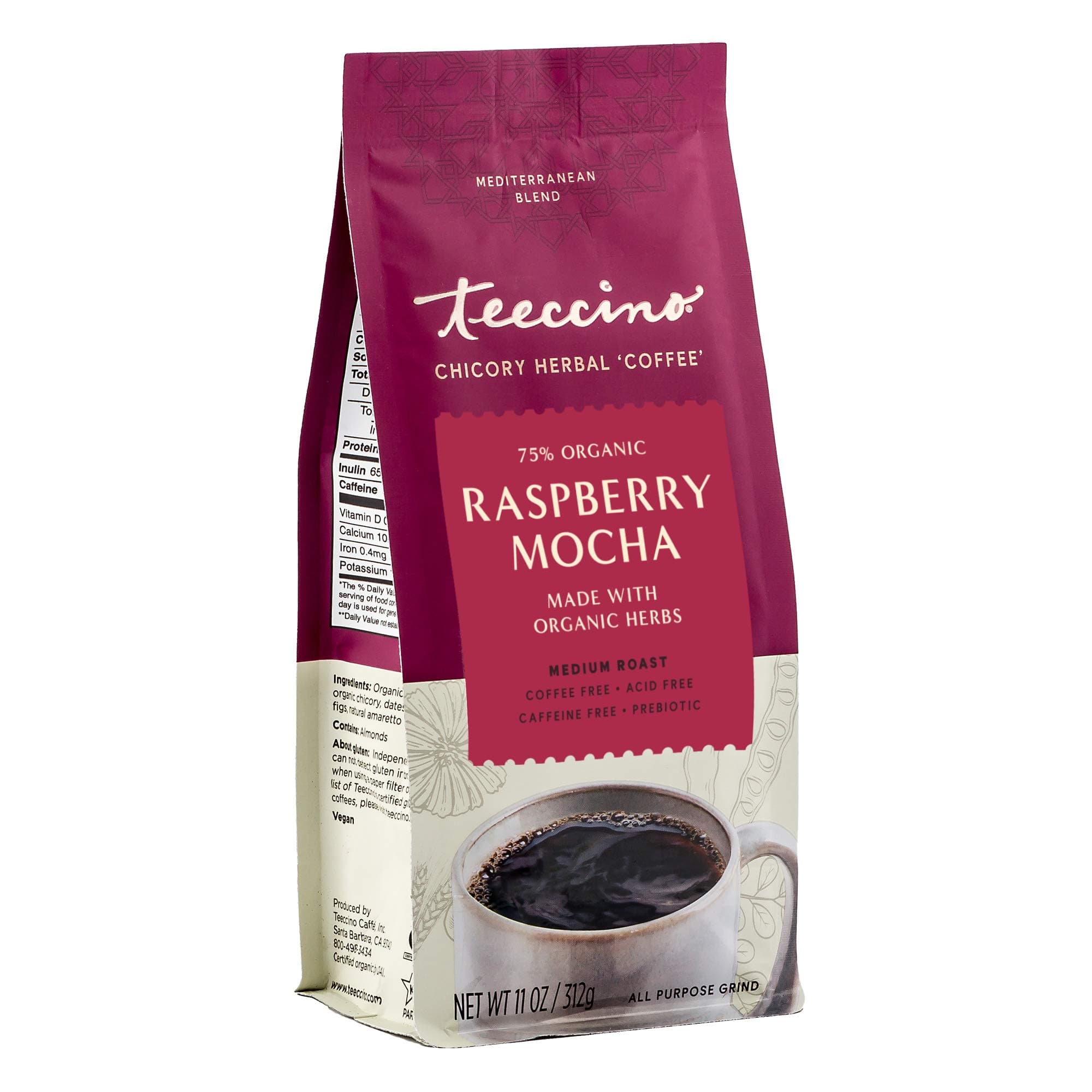 Teeccino Raspberry Mocha Chicory Coffee Alternative - 11 Ounce - Ground Herbal Coffee That’s Prebiotic, Caffeine Free & Acid Free, Dark Roast