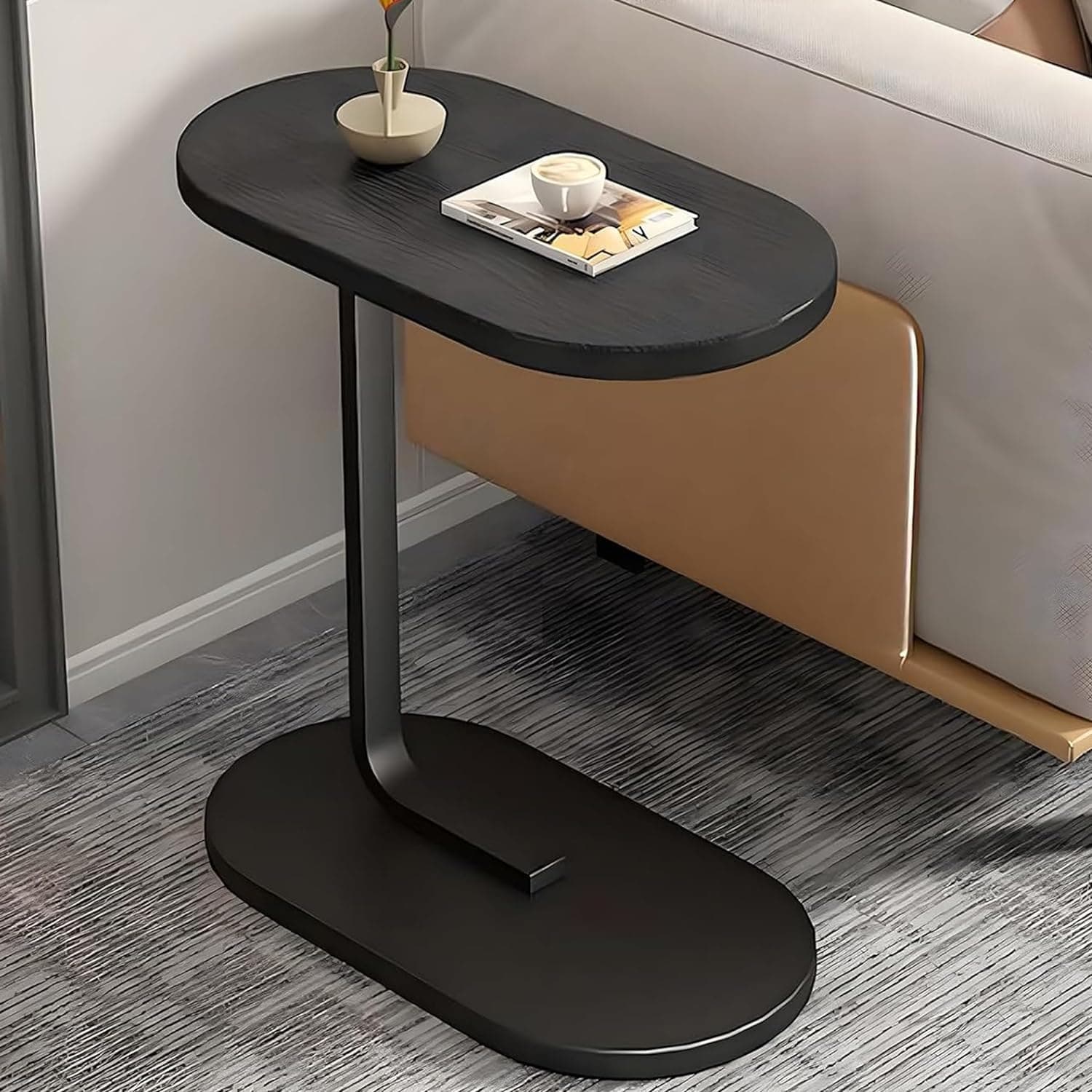 Home Side Tables for Small Spaces,Sofa Side Table, C Shaped End table Coffee Table,Anti-Rust Waterproof, Living Room Bedroom Balcony Office Wood Couch Tables that Slide Under (Black)