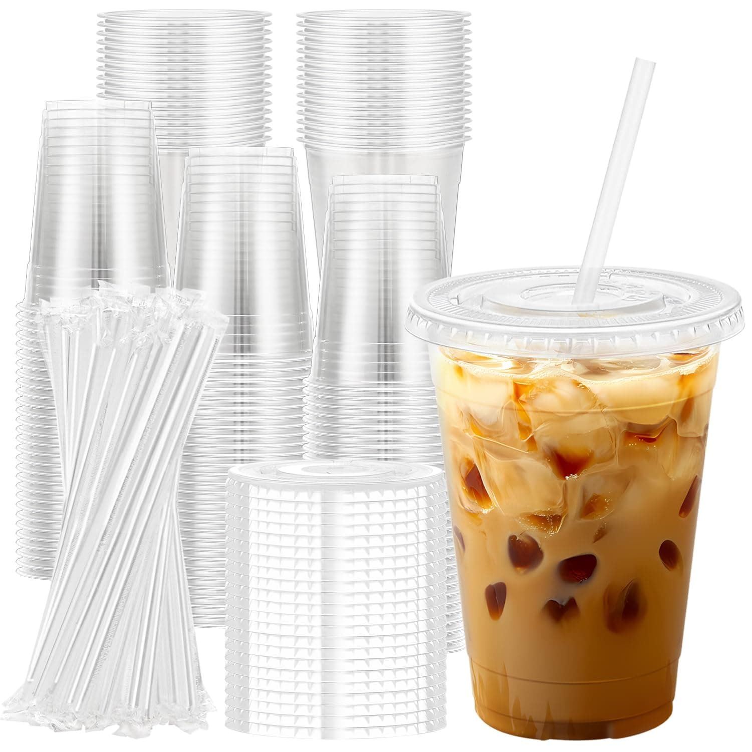 Lamosi 100 Pack 16 oz Clear Plastic Cups with Lids and Straws, Disposable Plastic Coffee Cups with Lids for Iced Coffee, Cold Beverages, Smoothies and To-Go Drinks