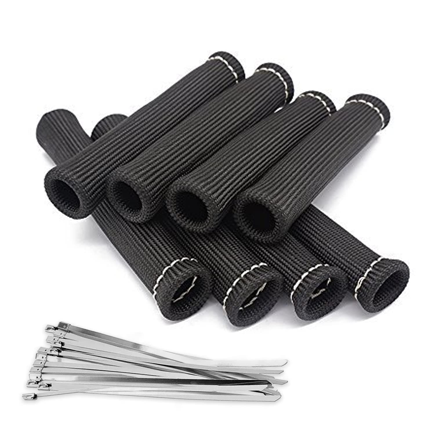 Spark Plug Wires Boots Heat Shields, 1500° Protector Covers Sleeves 6 Inch Automotive Spark Plugs Heat Shields Cover for SBC BBC 350 454 &16Pcs Stainless Steel Wire Ties (8 Pcs, Black)