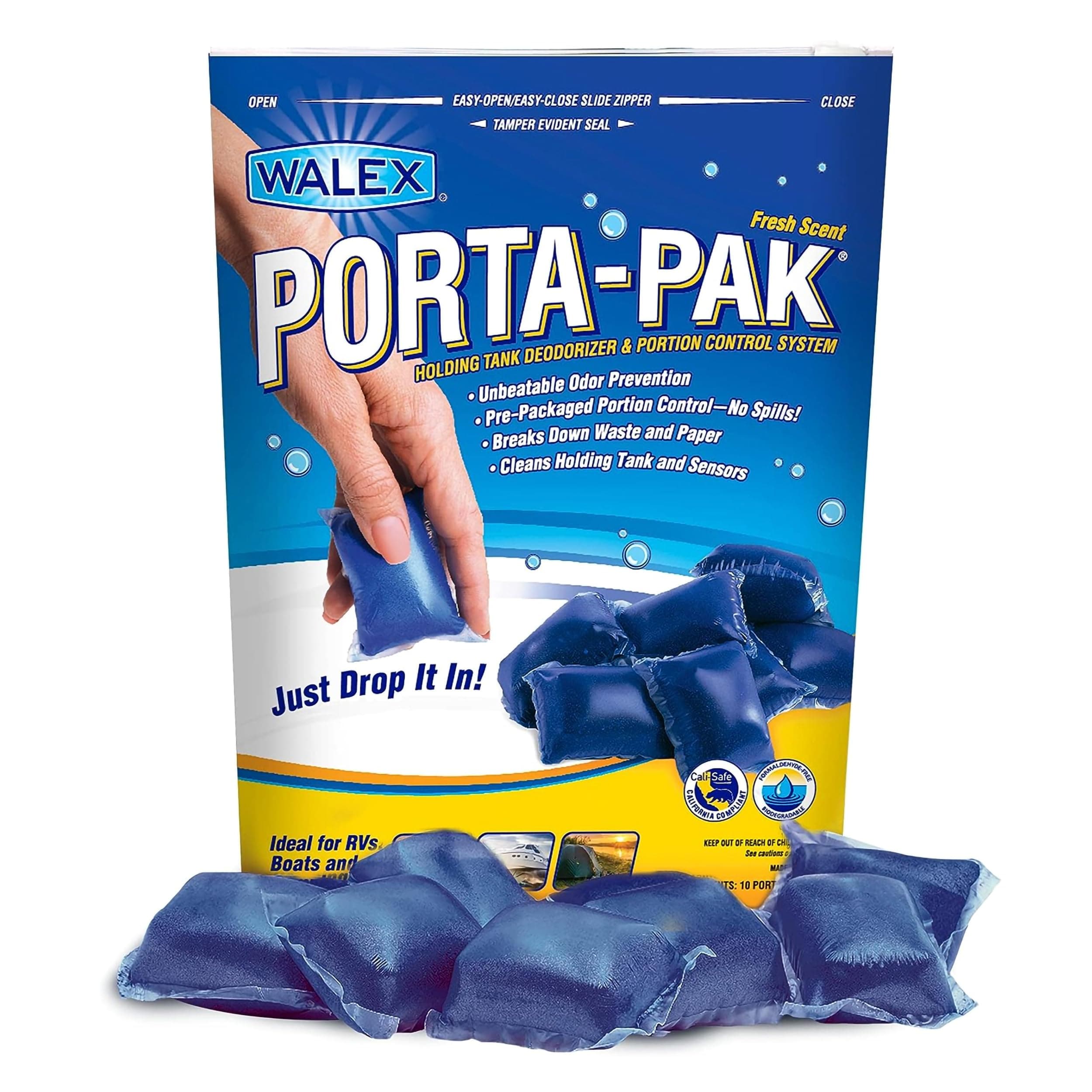 Walex Porta-Pak Black Holding Tank Deodorizer & Portion Control System Drop-Ins - Rapid Breakdown of Waste & Paper, Odor Prevention, Cleans Tank & Sensors - Fresh Scent, 10-Pack