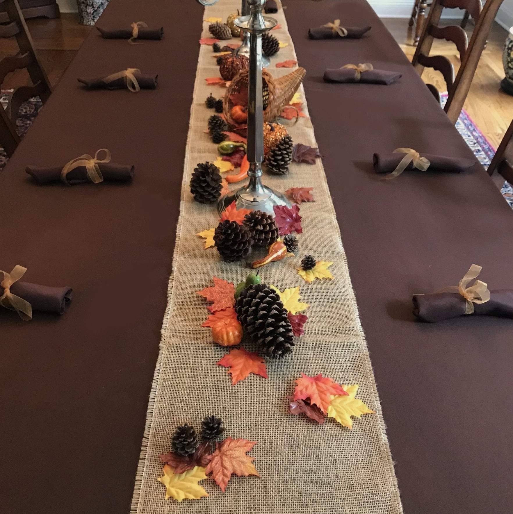 Thanksgiving Tablecloth, Napkins, Burlap Runner, Cornucopia Basket and Fall Decor Set