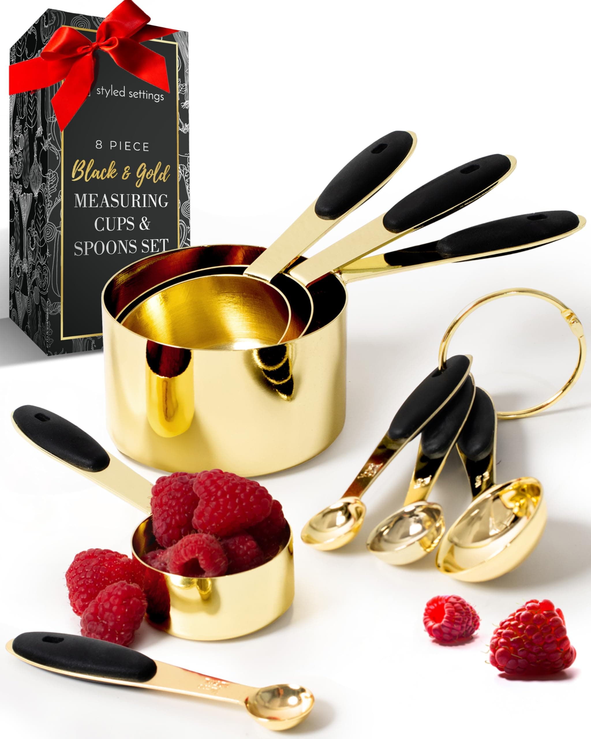 Styled Settings Black and Gold Measuring Cups and Spoons Set - 8PC Stainless Steel Measuring Spoons and Cups Set for Precise Baking & Cooking - Stylish Black and Gold Kitchen Accessories
