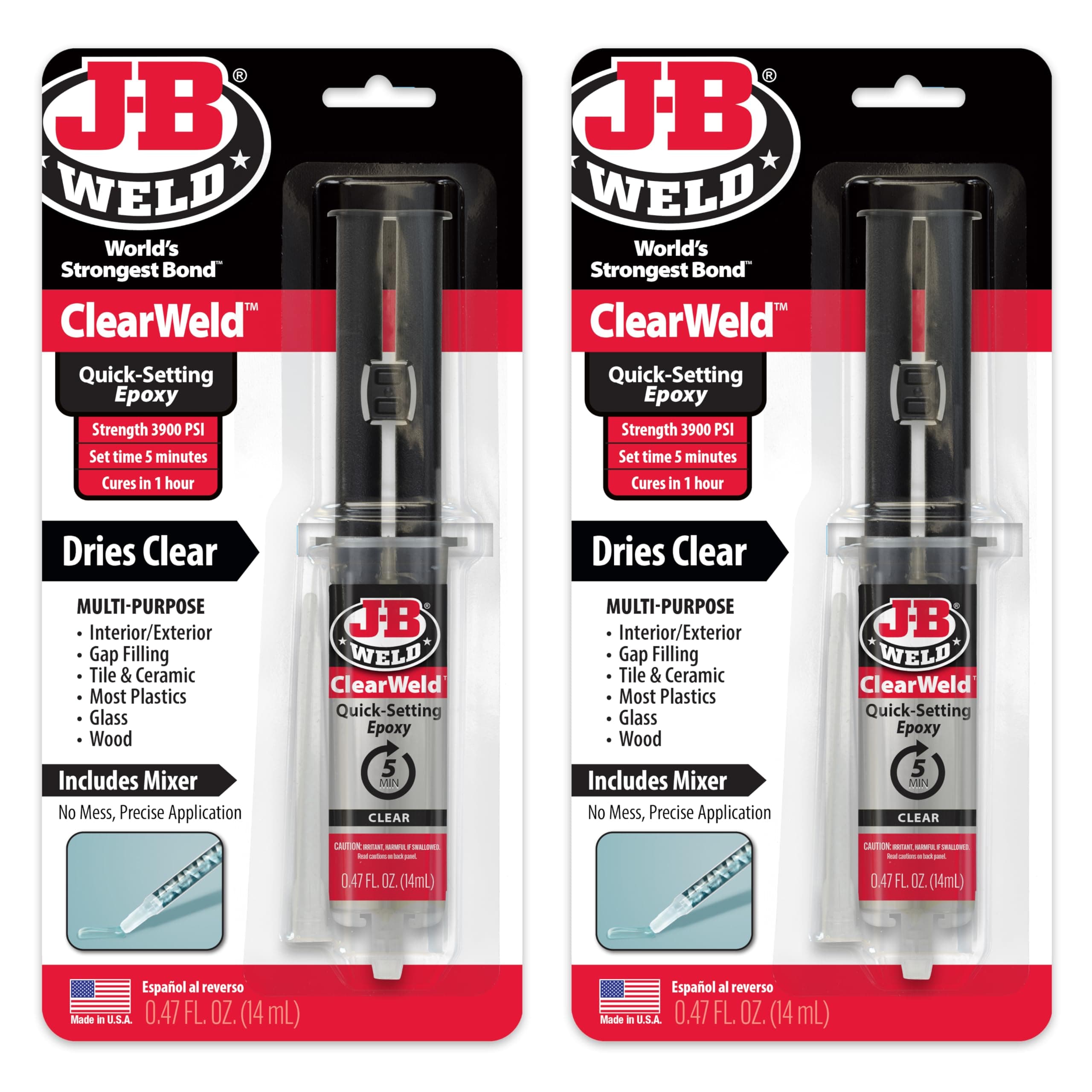 J-B Weld Clear 5 Minute Epoxy, 14ml, Static Mixer, 2 Pack, ClearWeld 14ml, 50114H-2