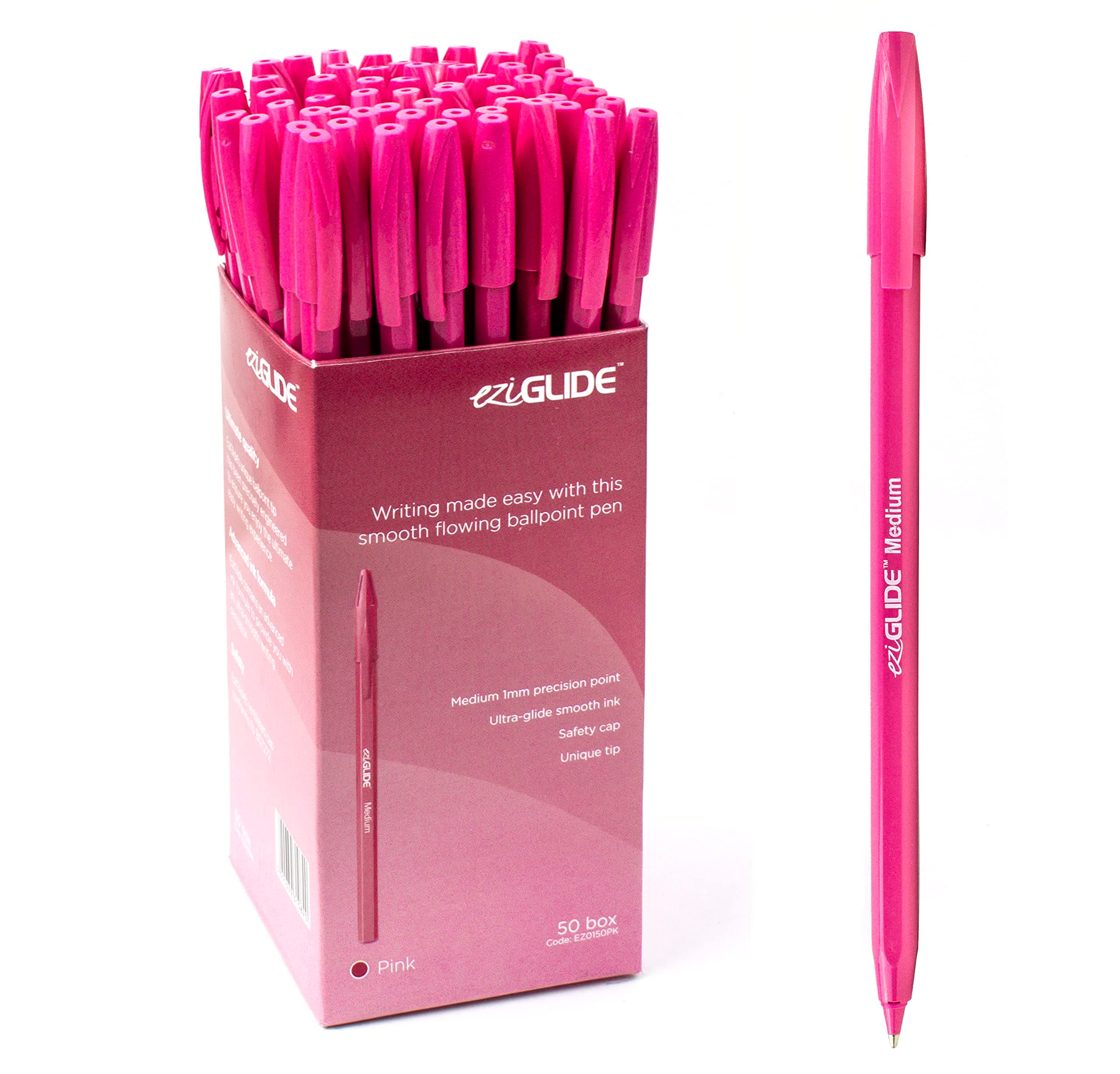 Eziglide 50-Pack Ballpoint Pen Set, Pink – Medium Nib (1.0mm) for Smooth Writing & Unique Tip – Ergonomic Grip, Long-Lasting Ink, Perfect for Home, School, Teachers, Work & Daily Handwriting