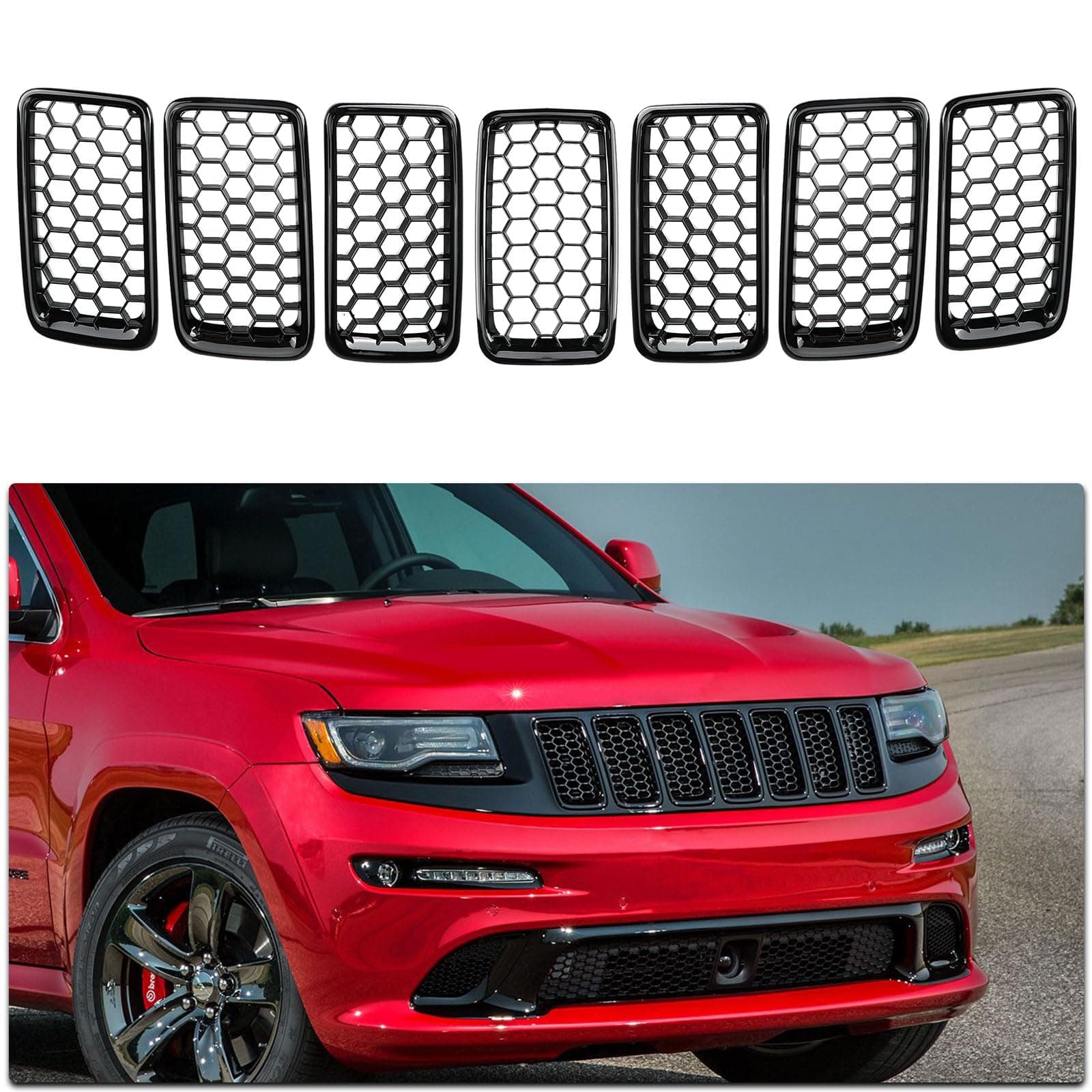 7PCS Glossy Black Honeycomb Mesh Front Grill Inserts kits Replace for 2014-2016 Jeep Grand Cherokee WK Laredo/Altitude/Limited/Overland/Summit