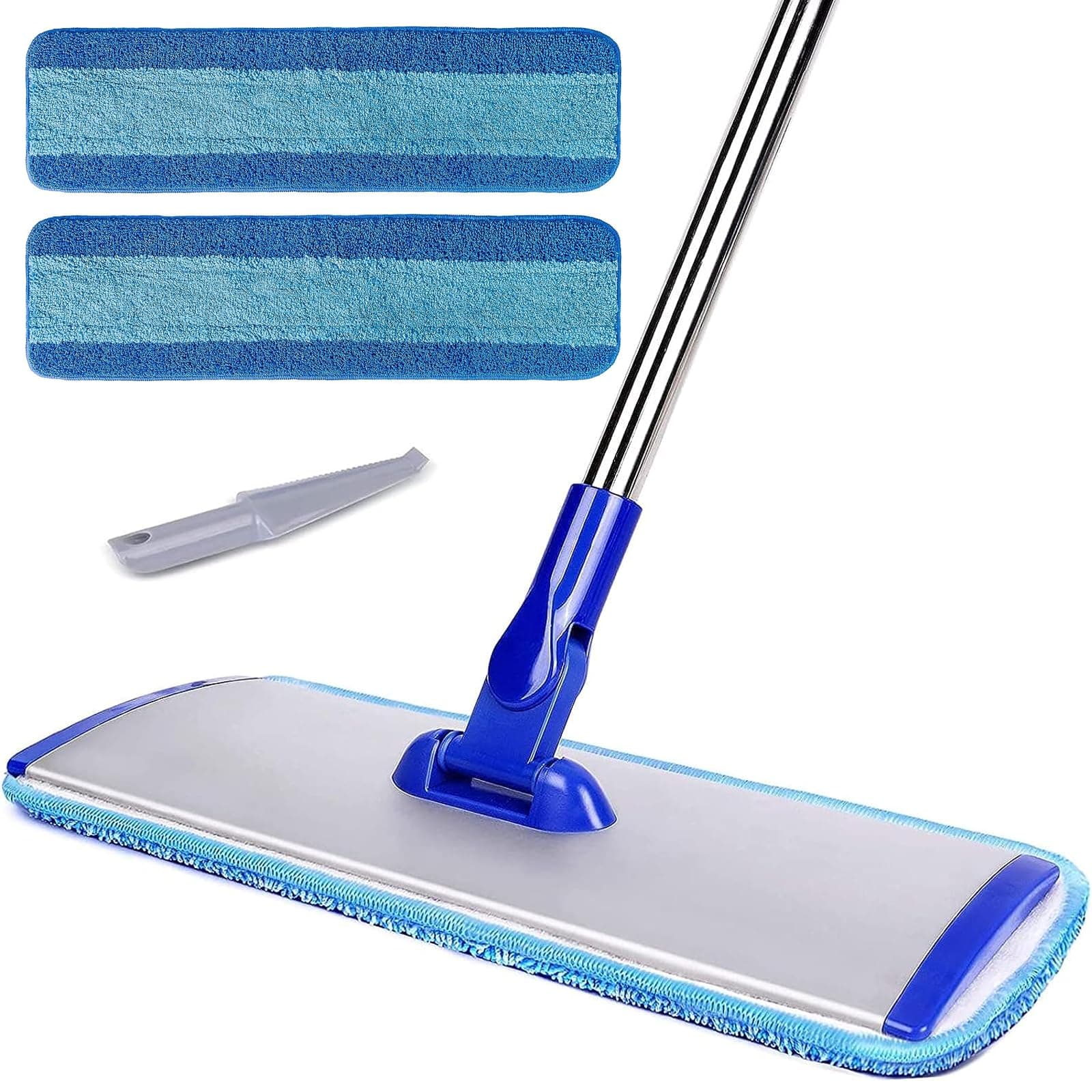 Professional 18" Microfiber Mop - Flat Mop with Stainless Steel Handle, 2 Reusable Washable Pads, Hardwood & Laminate (Blue)