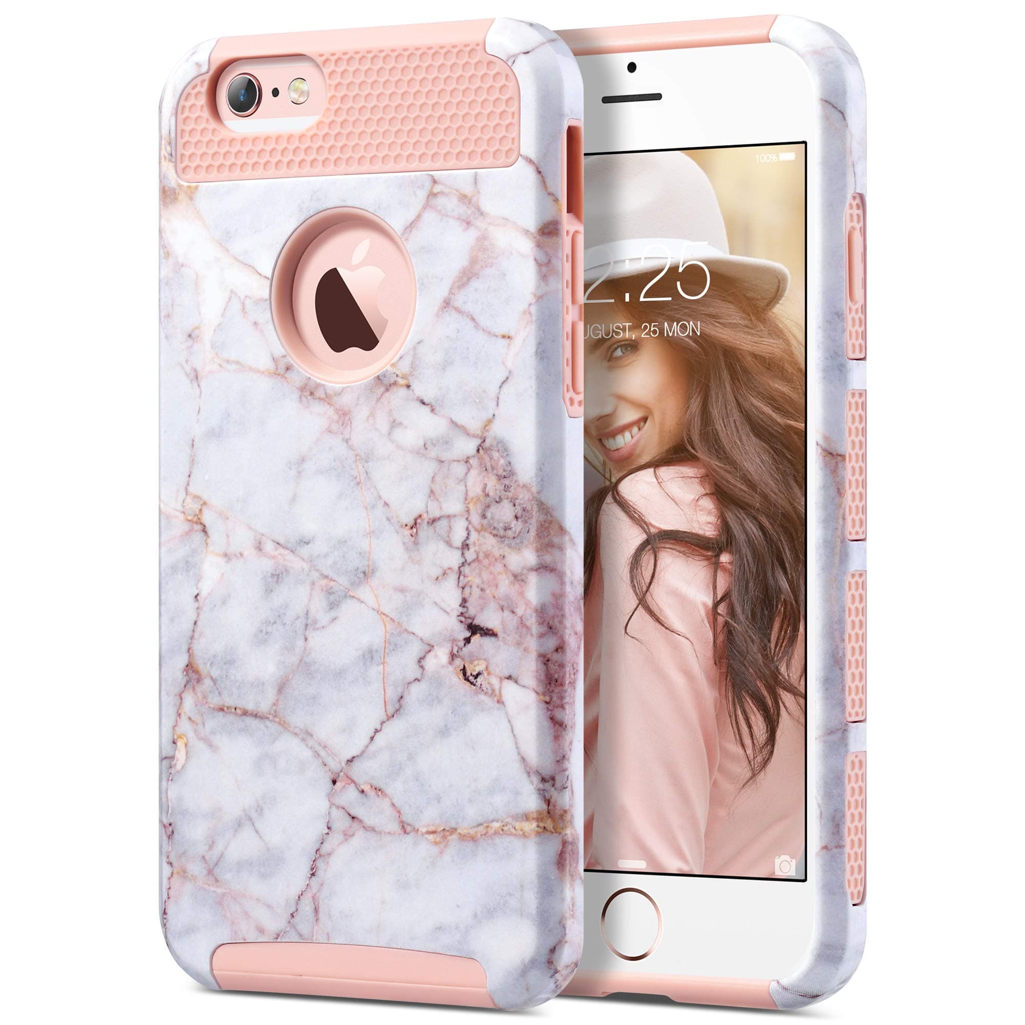 ULAK iPhone 6s Case, iPhone 6 Case, Colorful Series Slim Hybrid Dual Layer Scratch Resistant Back Cover Shock Absorbent TPU Bumper Case for Apple iPhone 6 6s 4.8 inch, Pink Marble