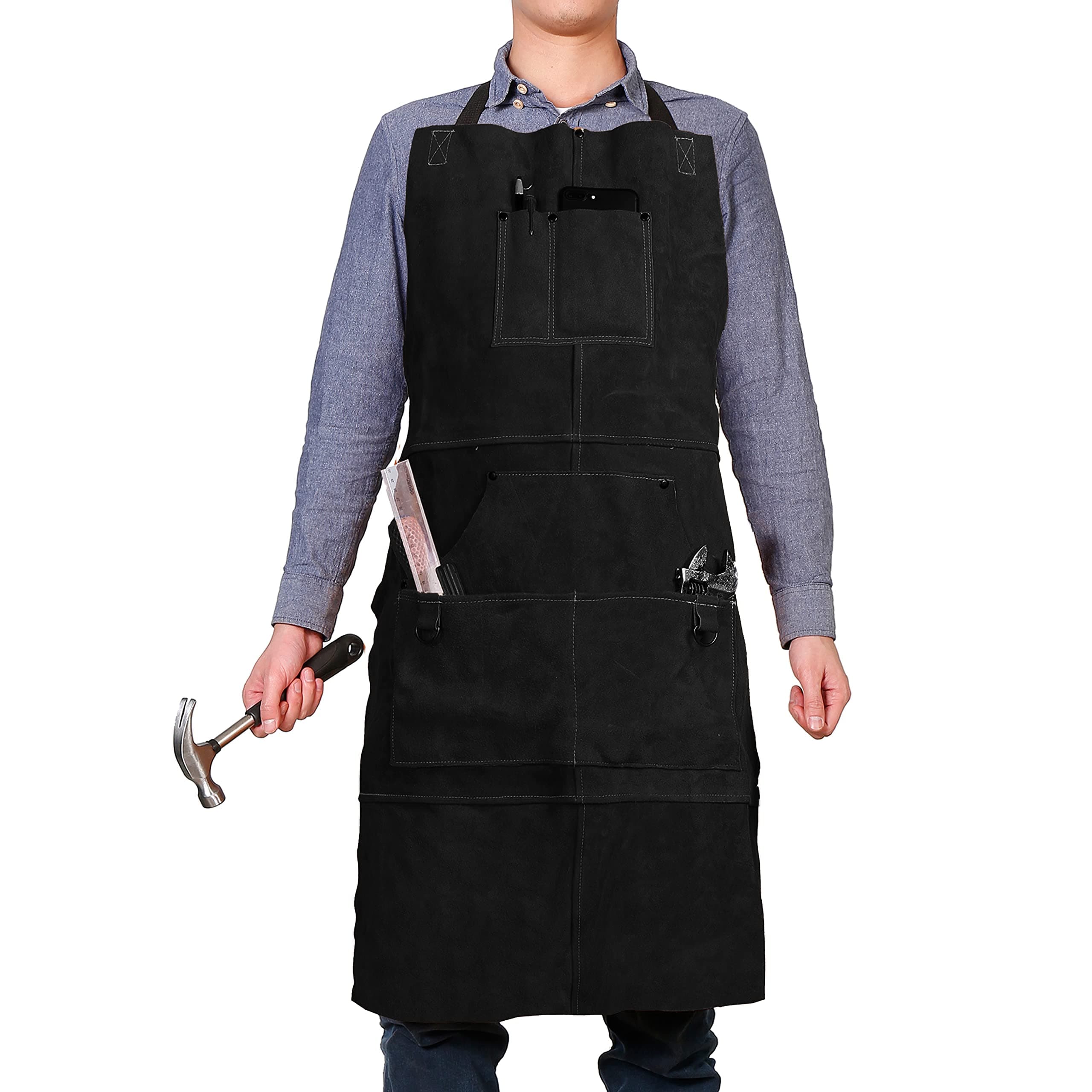 QeeLink Leather Welding Work Apron with 6 Tool Pockets, Heat & Flame Resistant Apron, 24" x 36", Adjustable M to XXXL