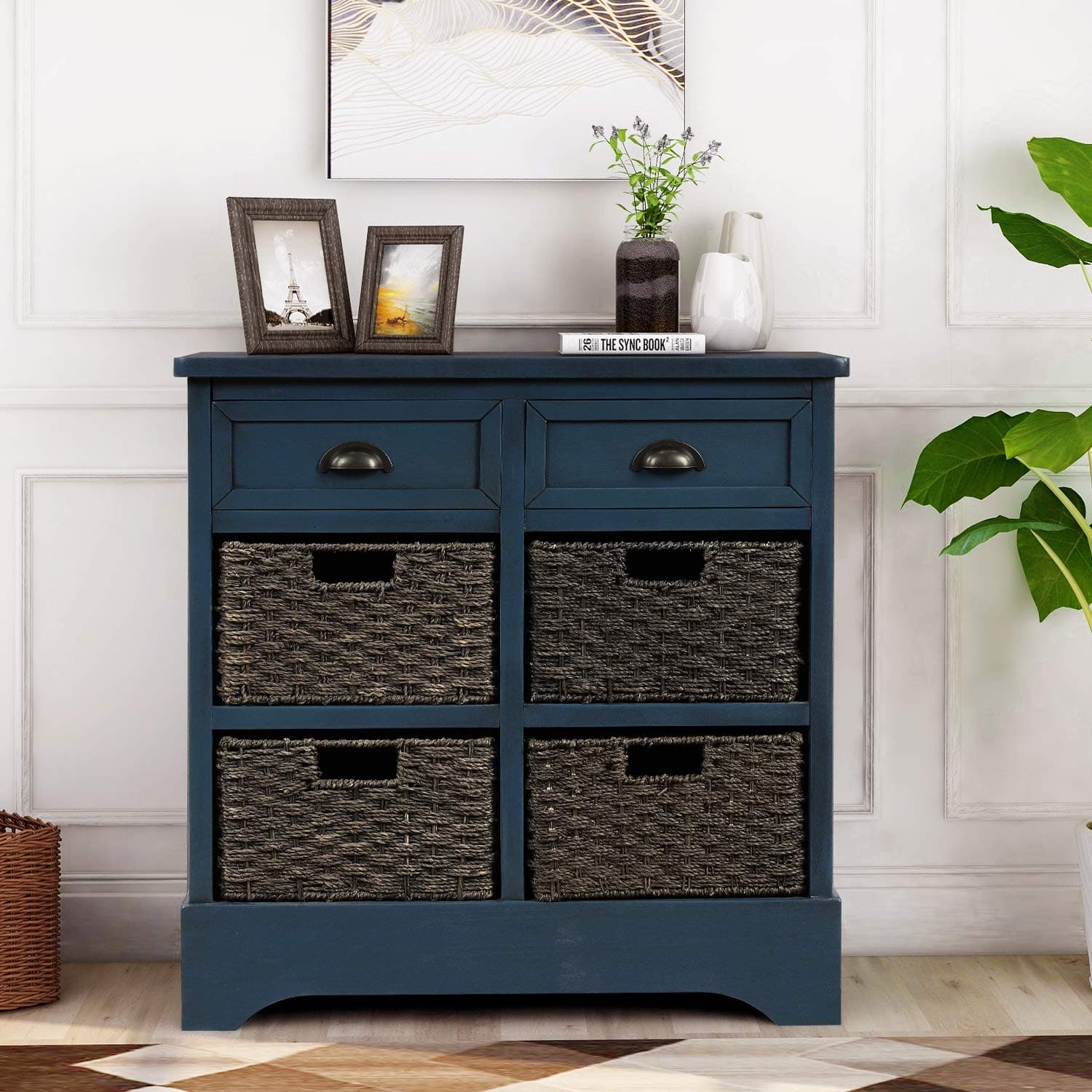 Harper & Bright DesignsRustic Storage Cabinet, Accent Storage Cabinet with 2 Drawers and 4 Classic Fabric Basket for Kitchen/Entryway/Living Room, Antique Navy