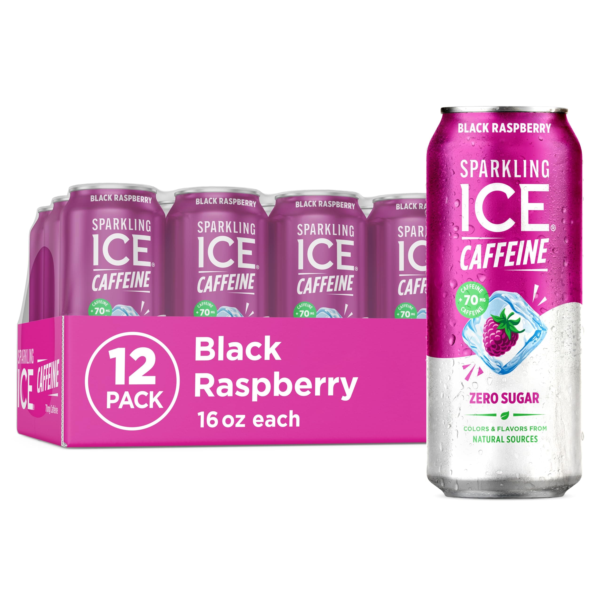 Sparkling Ice Caffeine Black Raspberry Sparkling Water with Caffeine, Zero Sugar, with Antioxidants and Vitamins,16 fl oz Cans (Pack Of 12)