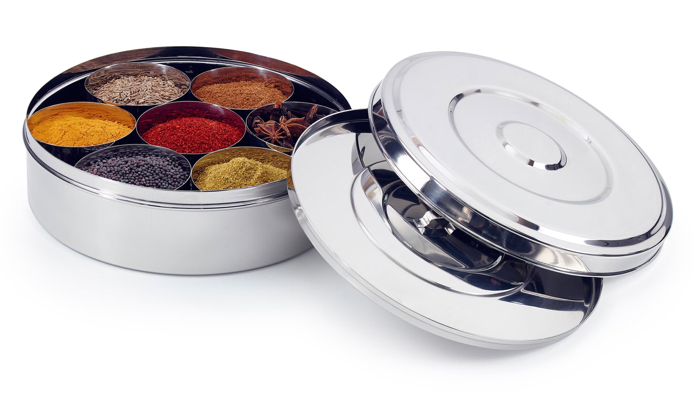 7114 Spice Box/Masala Dabba with 7 Comparments and 2 Stainless Steel Lids, 18cm, Silver, 18 cm