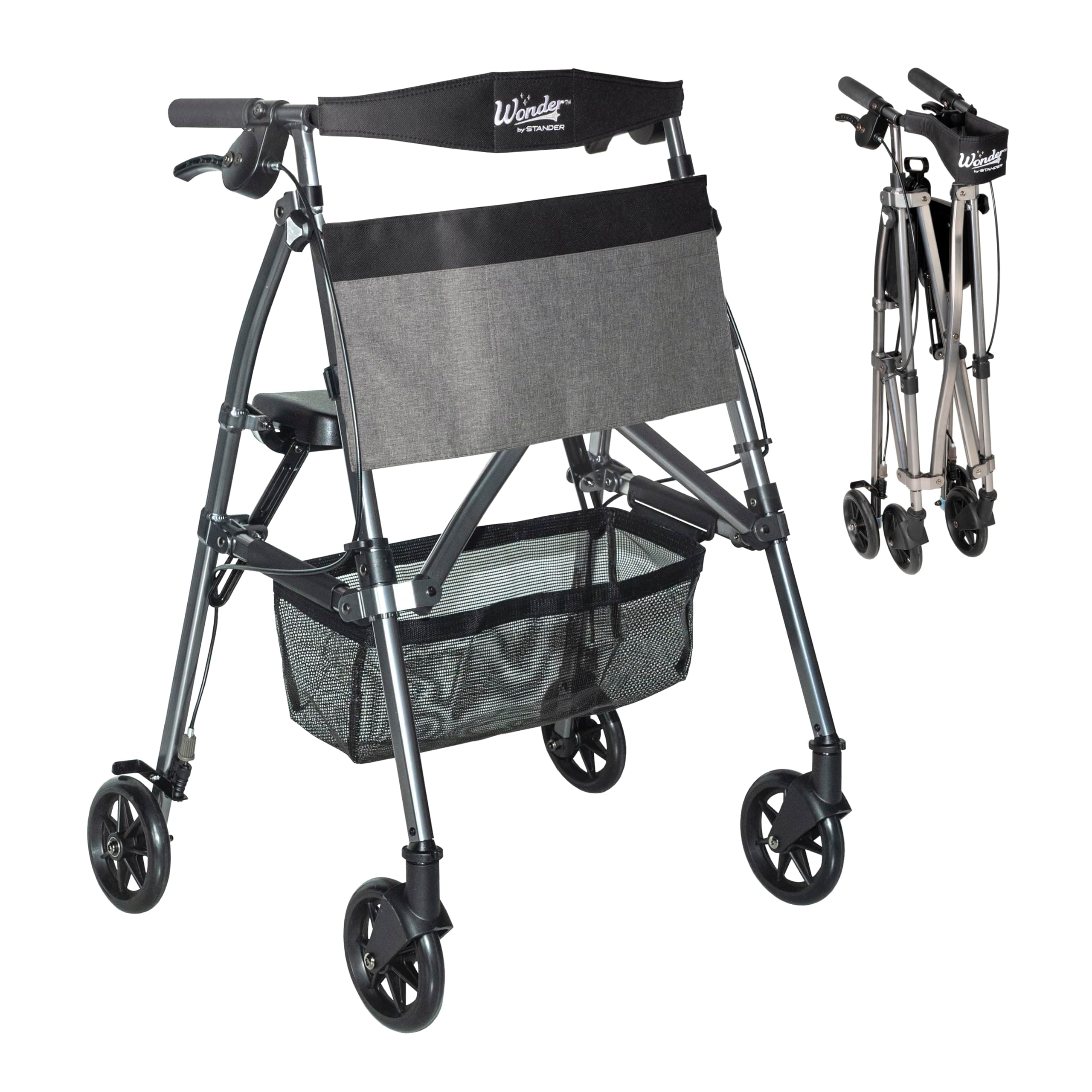 Stander Wonder Rollator Plus, Lightweight Folding Mobility Rolling-Walker, EZ Fold-N-Go-Rollator for Seniors and Adults, 6-inch Wheels, Locking Brakes and Padded Seat with Backrest, Black Walnut