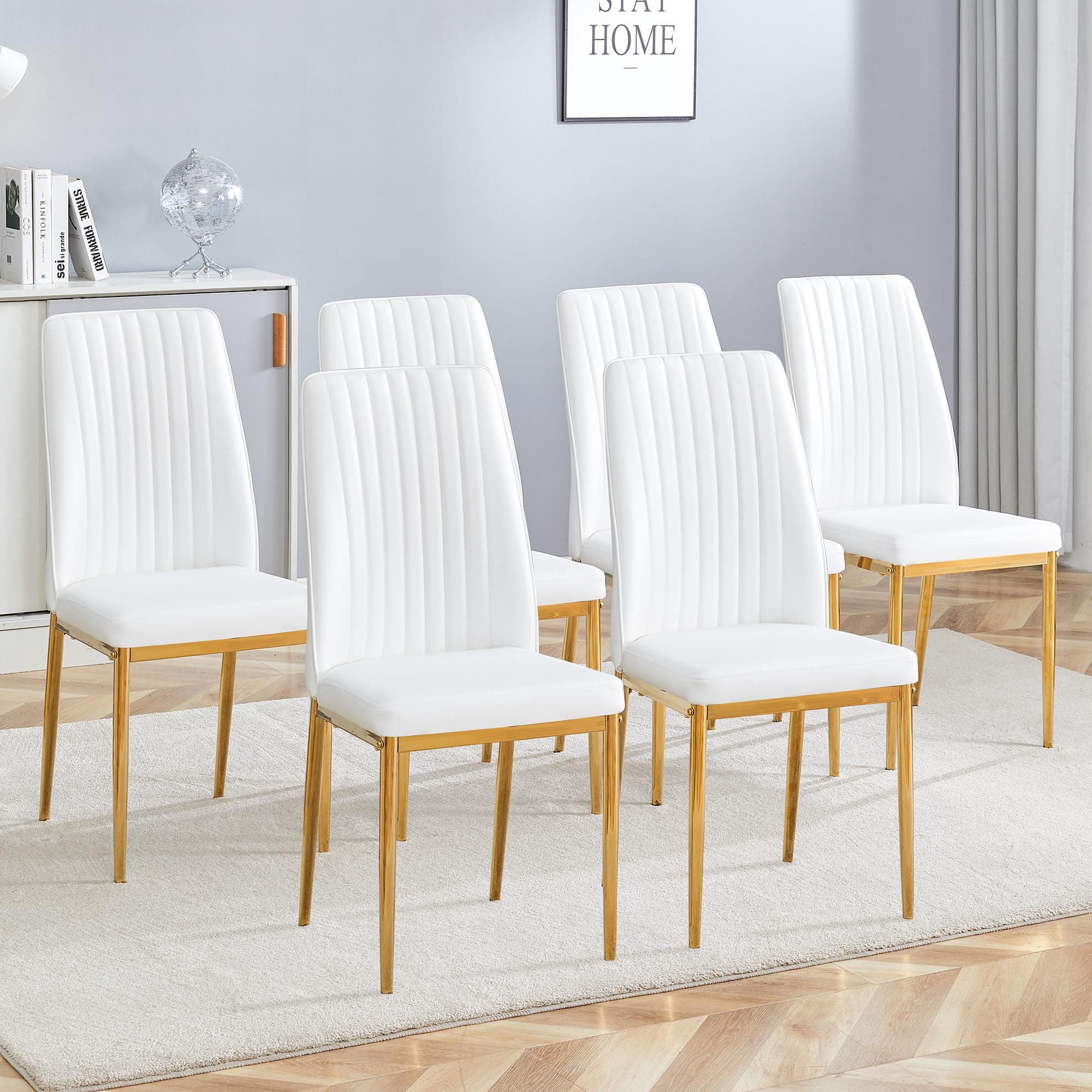 Dining Chairs Set,Modern Dining Room Chairs Set for 6, Kitchen Dining Chair Set of 6, White Faux Leather Upholstered Dining Chairs Set of 6 with Golden Legs, Sillas De Comedor for Dining, Kitchen