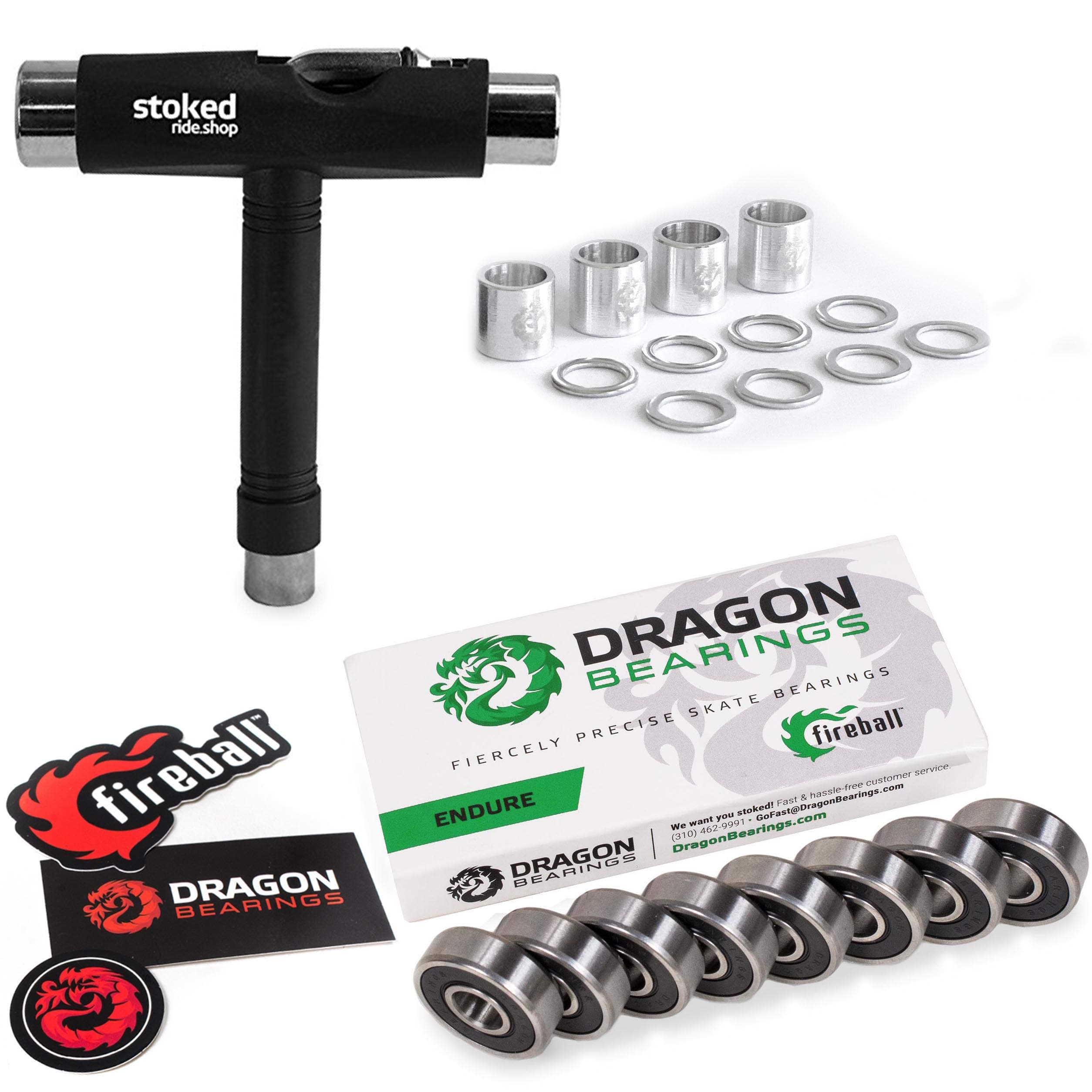 Fireball Dragon Precision Skateboard Bearing Bundle | Includes 8X Bearings, Spacers, Speed Rings & Tool | 608 Bearing for Skateboards, Longboards, Inline Skates, Roller Skates, Spinners