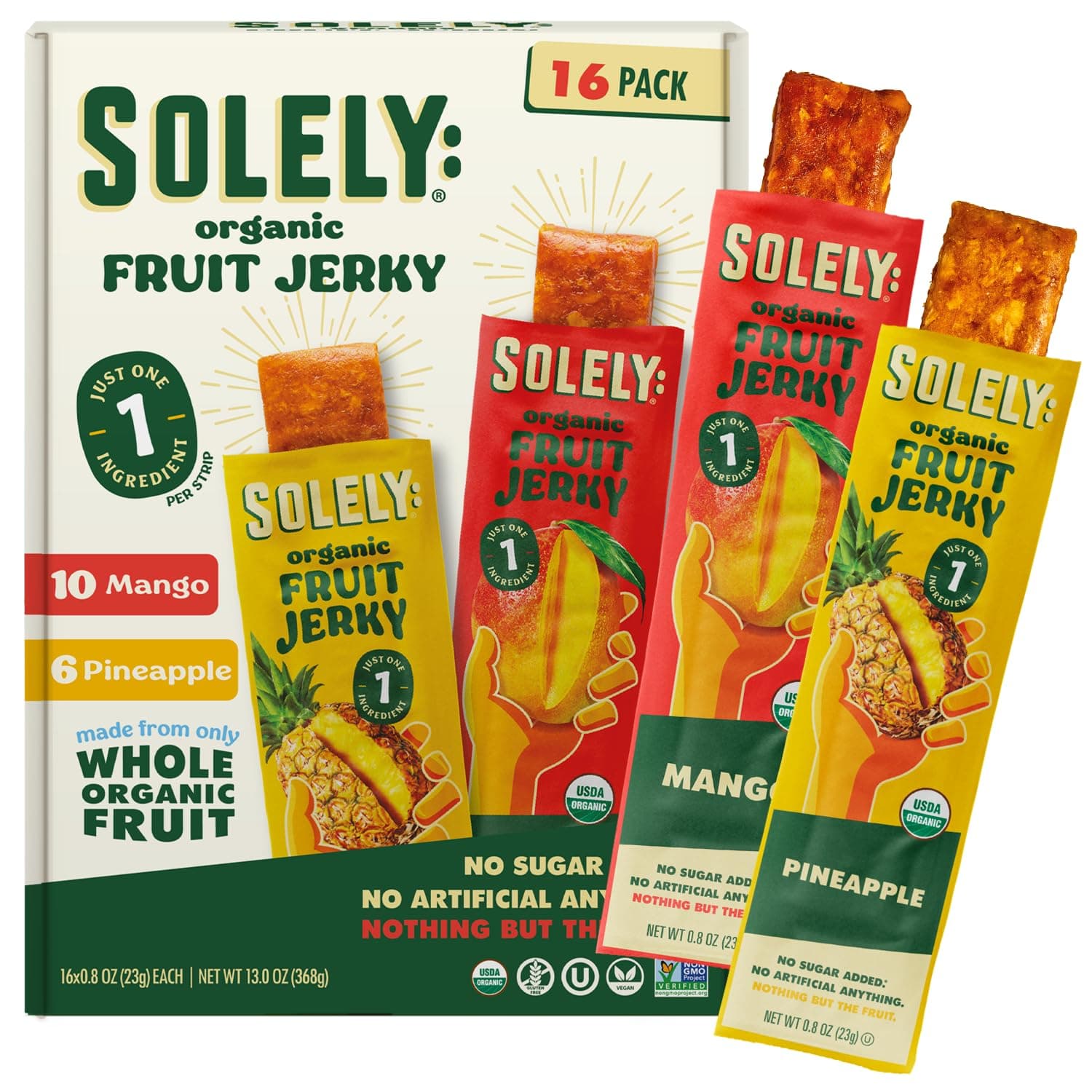 SOLELY - Organic Mango & Organic Pineapple Fruit Jerky (10 Mango, 6 Pineapple) - Real Fresh Fruit Strips - Healthy Snacks for Adults & Kids - Non GMO, Vegan Snacks, Shelf Stable - 12 Strips (0.8 oz)