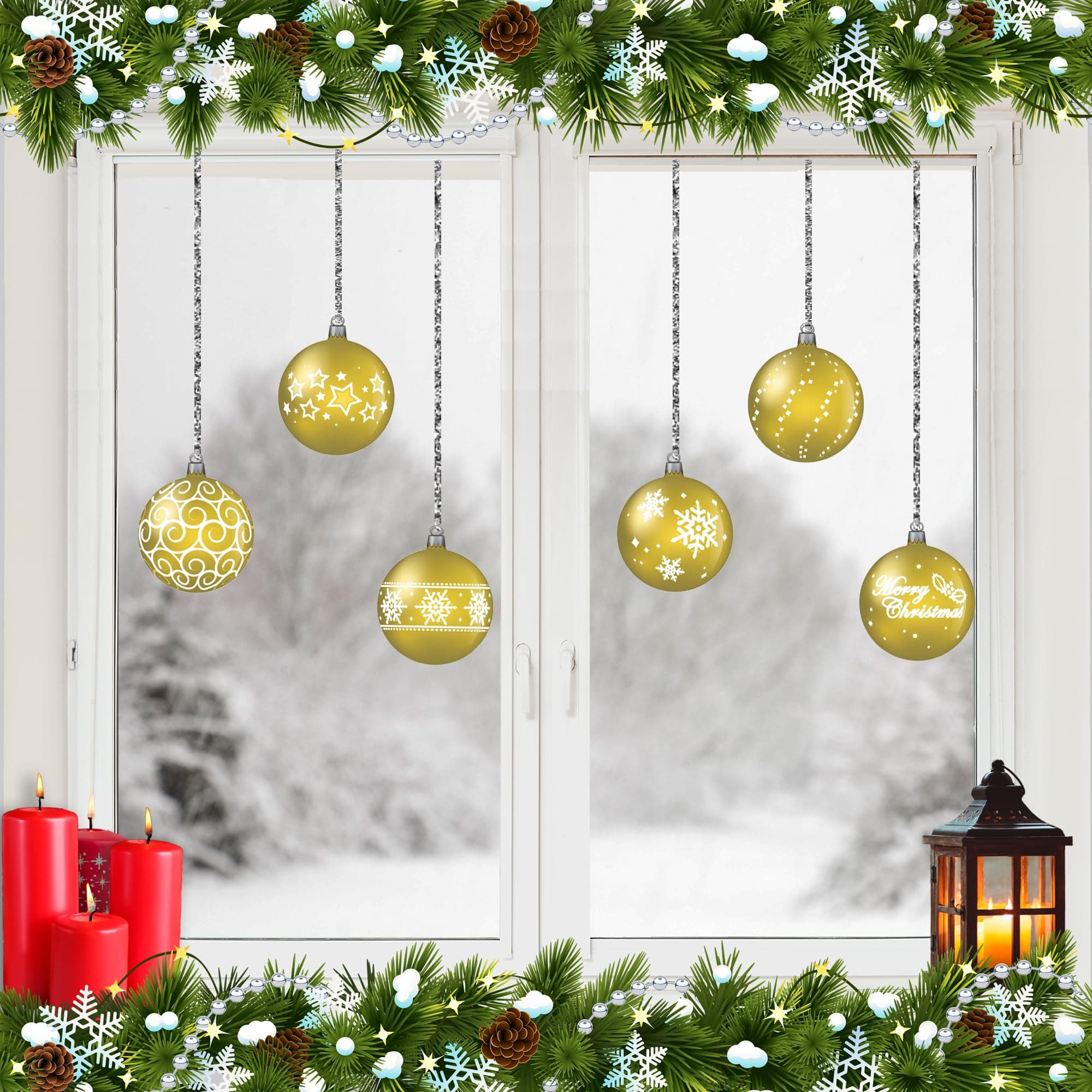 12 x Bauble Window Clings with Glitter Patterns and Strings Colour = Gold