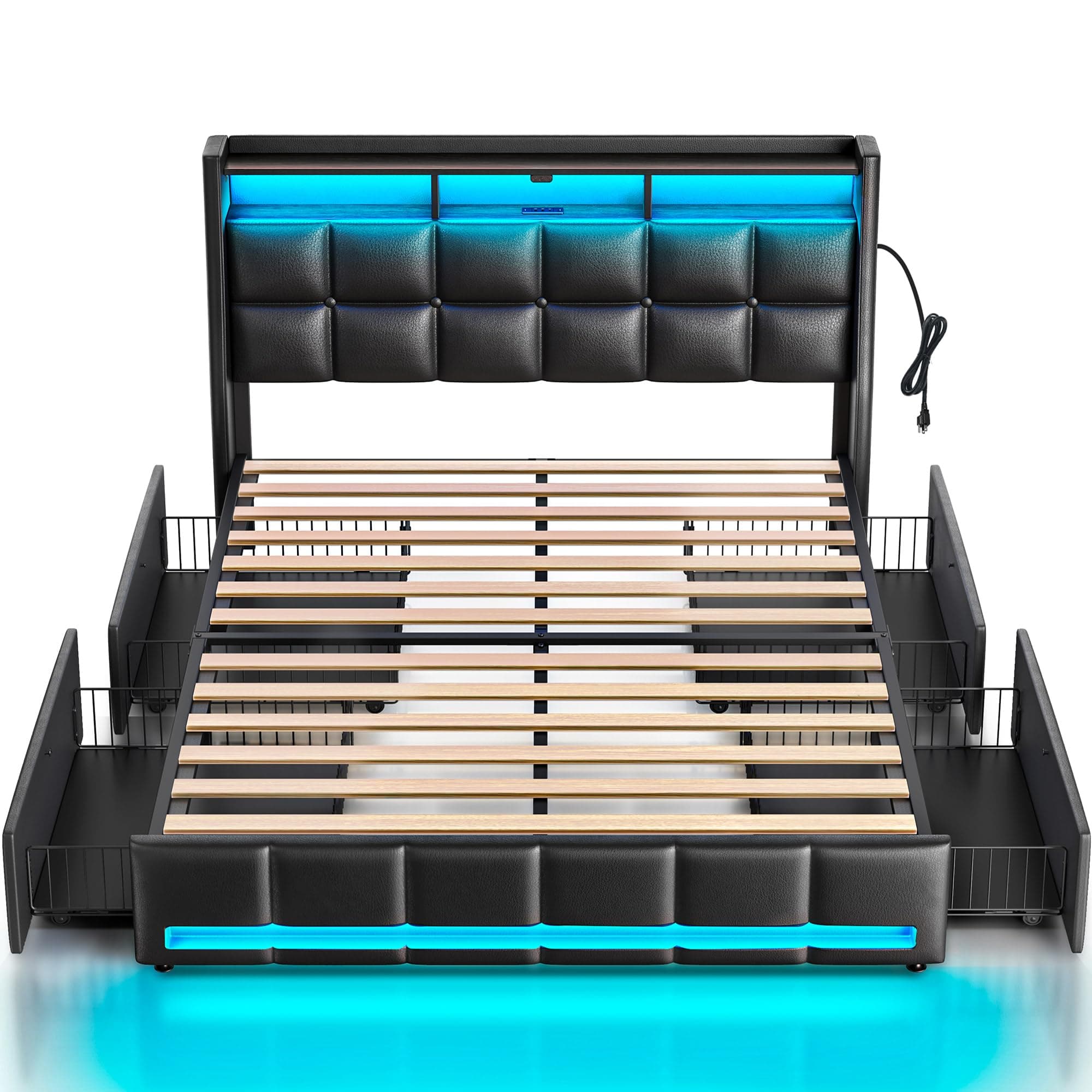 Rolanstar Full Size Bed Frame with LED Lights and Charging Station, PU Leather Bed Storage Headboard & Drawers, Heavy Duty Wood Slats, Easy Assembly, Black