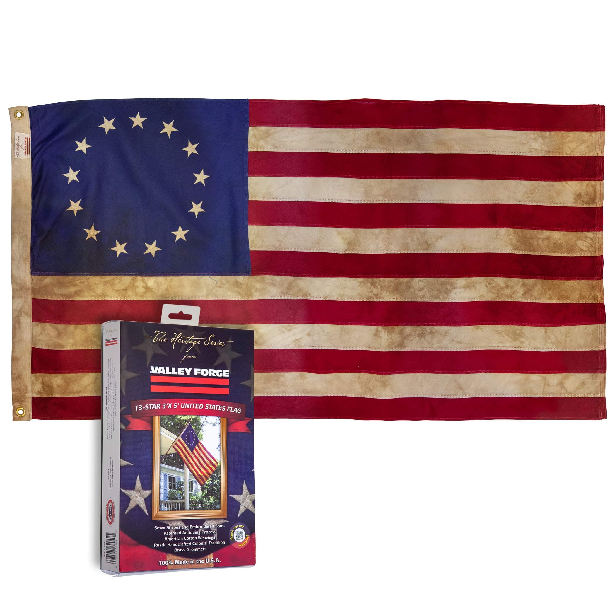 Valley Forge, American Flag, Cotton, 3' x 5', 100% Made in USA, Heritage Series, Antiqued Colonial 13-Star US American Flag