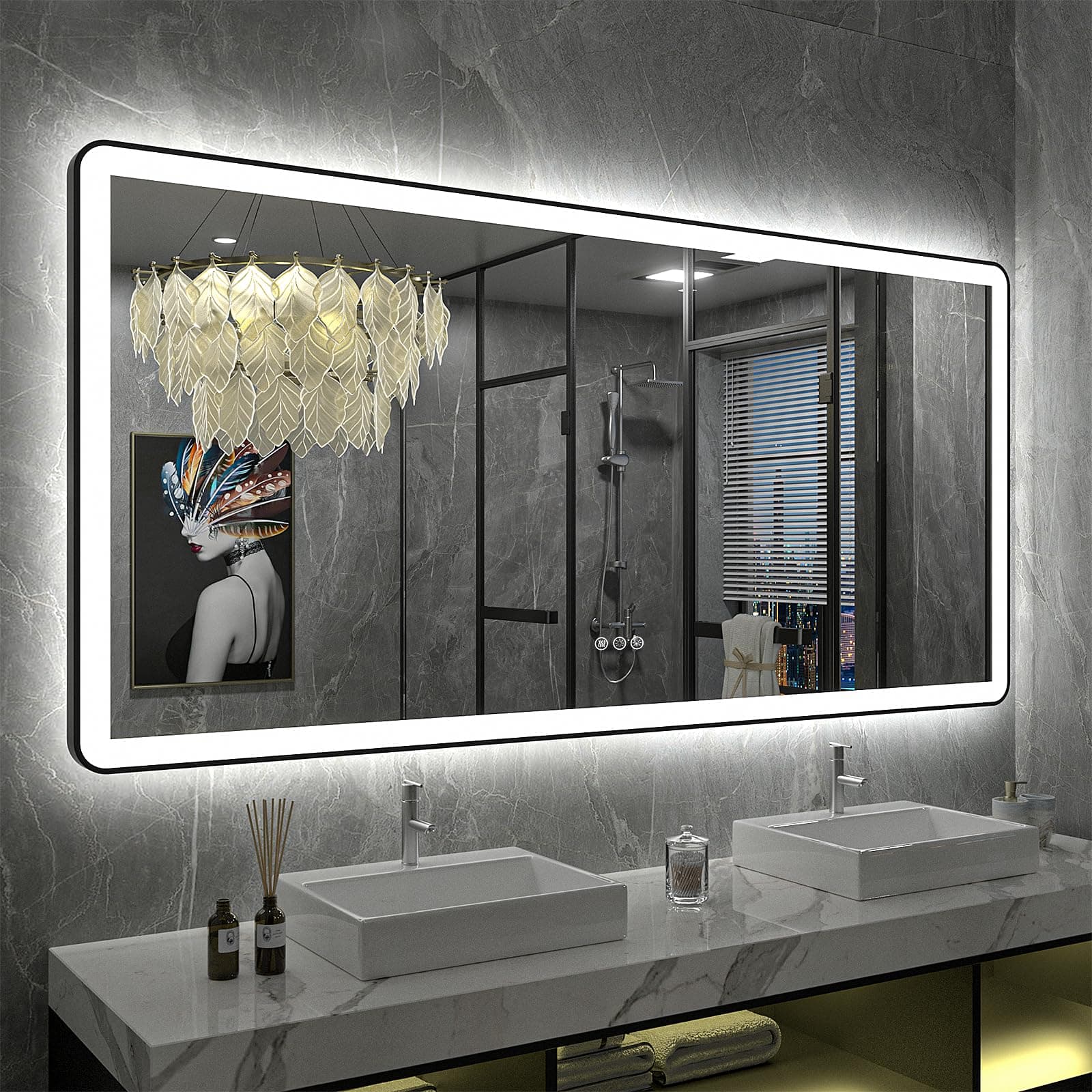 60"x30" LED Lighted Bathroom Mirror for Wall, Large Framed Bathroom Vanity Mirror with Lights, Independent Backlit and Front lit, Dimmable, Anti-Fog, Shatterproof, Memory, ETL Listed