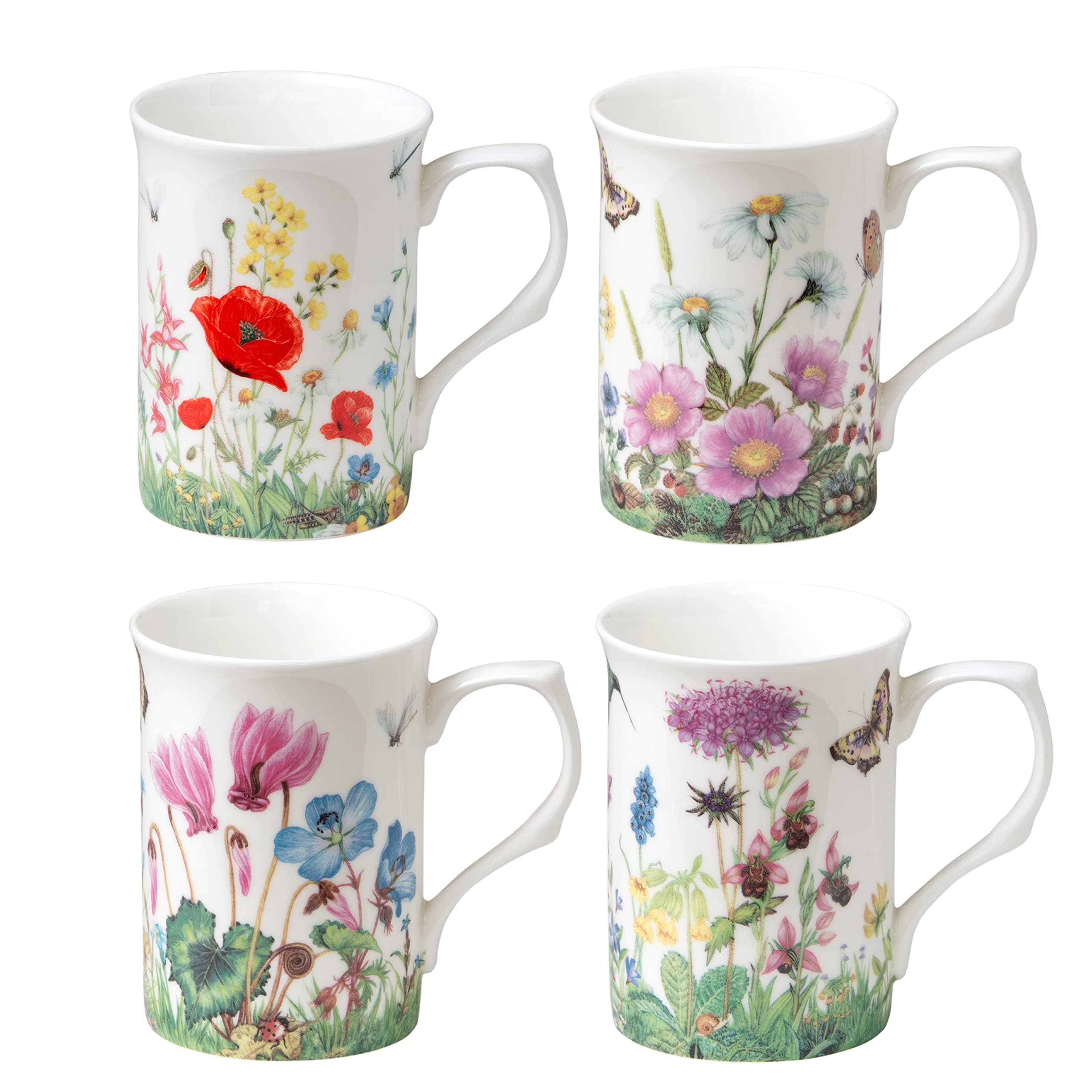 Bone China Coffee Tea Mugs 9-Ounce, Assorted Set of 4 (Meadow)