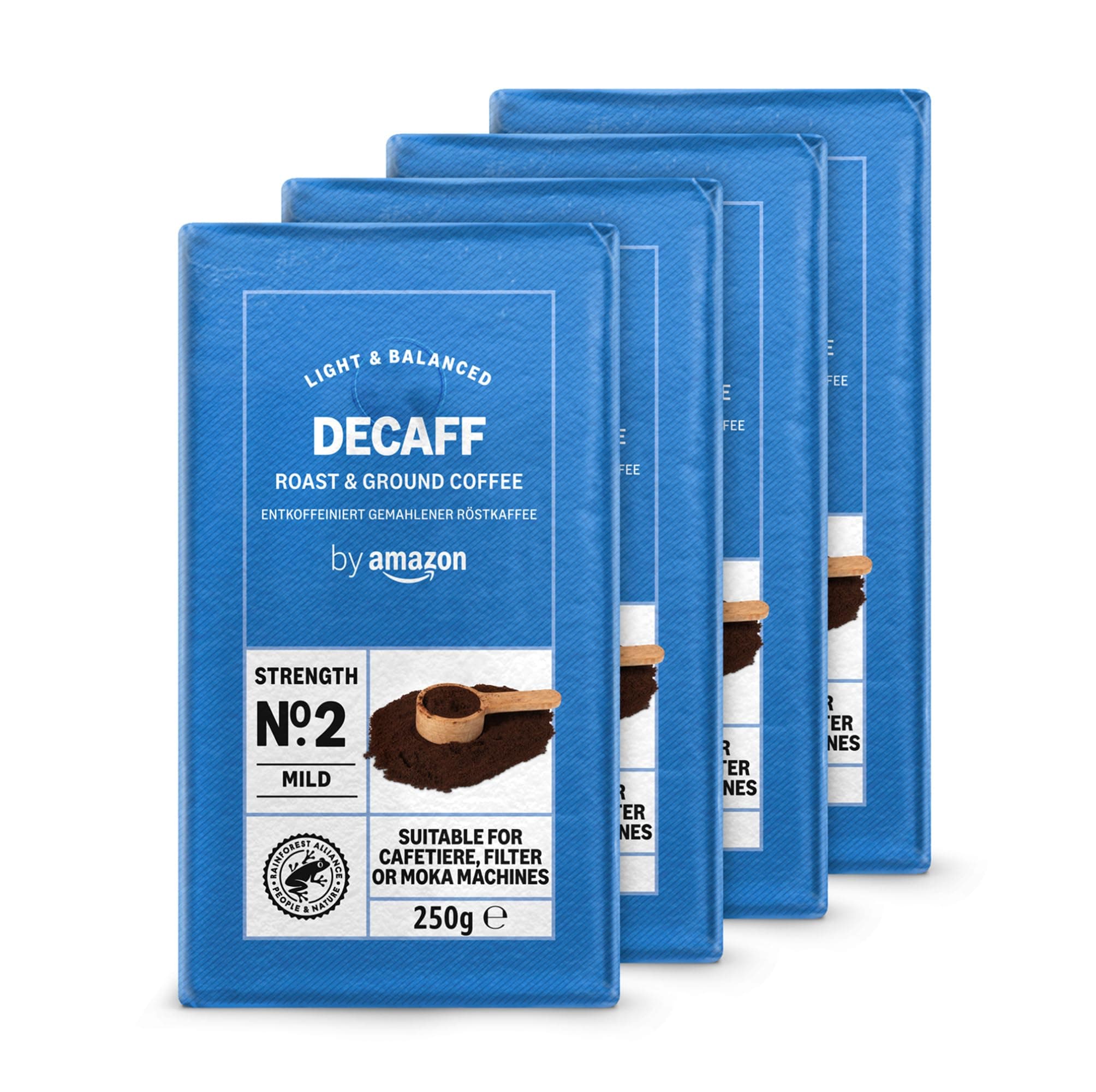 by Amazon Decaffeinated Ground Coffee, Light Roast, 1kg (4 Packs of 250 g)