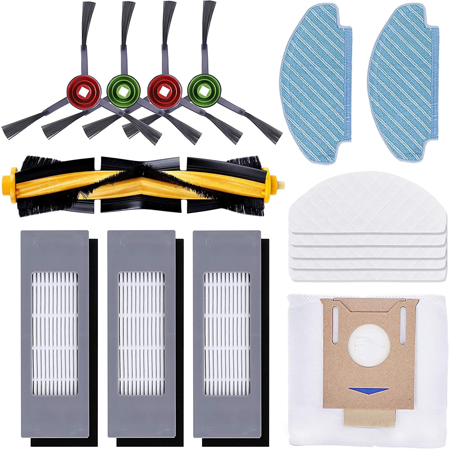 KEEPOW 16 piece replacement parts accessory set for Ecovacs Deebot OZMO T8 AIVI, T8+ robot vacuum cleaner, (1 main brush, 3 filters, 4 side brushes, 2 mops, 1 dust bag, 5 disposable towels)