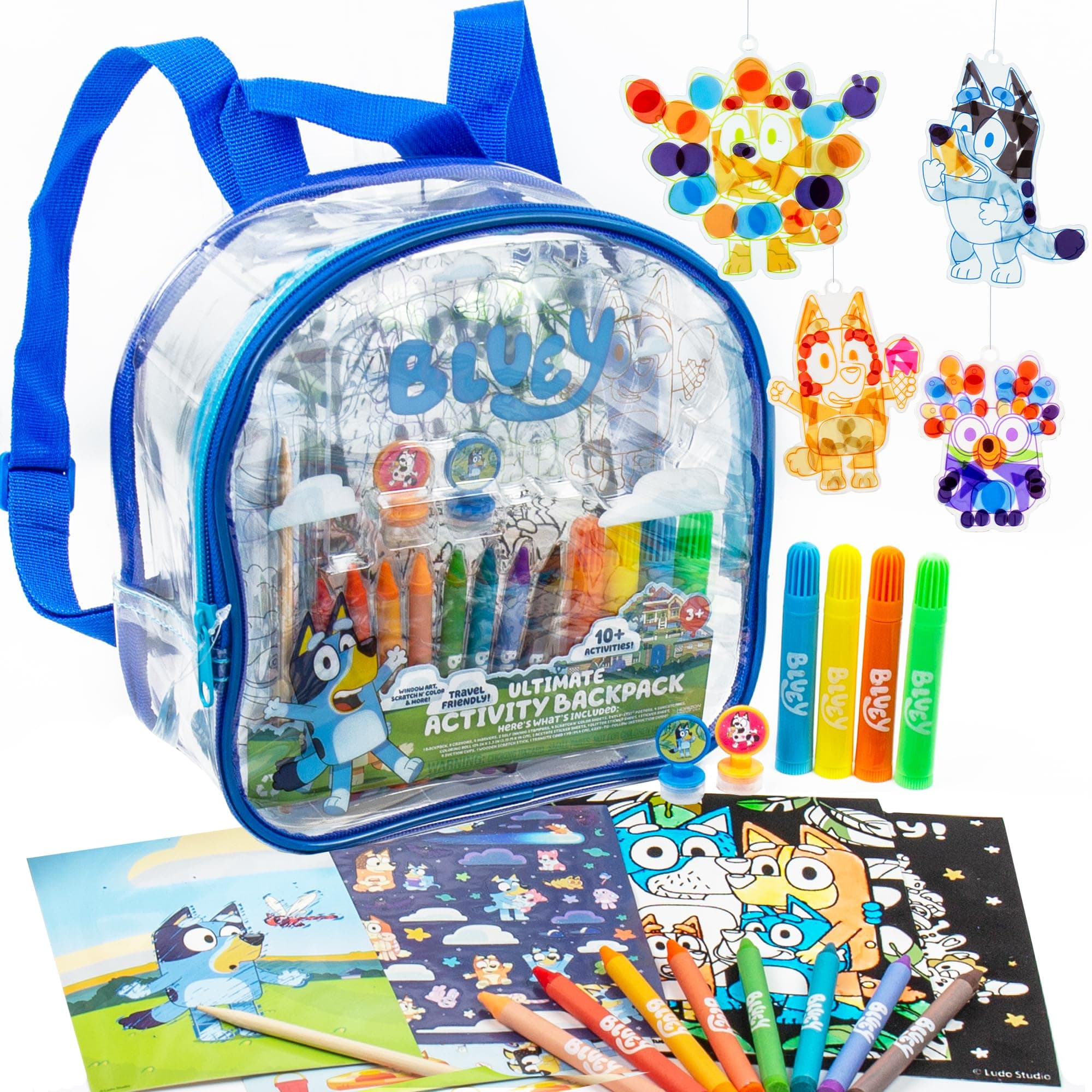 Bluey Ultimate Activity Backpack - Create Sun Catchers to Show Surprise Scenes - Travel Road Trip Toys - Perfect Gift for Toddlers - Bluey Birthday Party Kids Activity Set 3 4 5 6