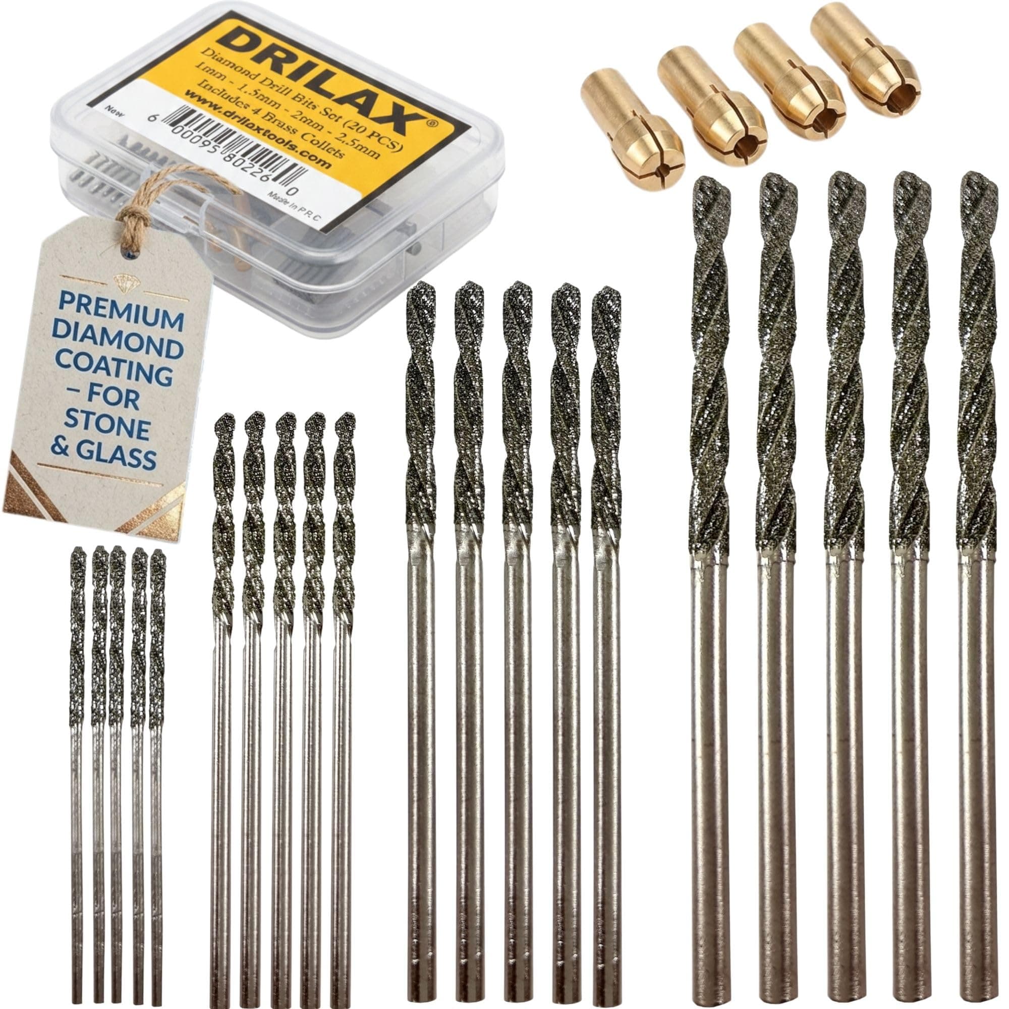 Drilax 24-Piece Diamond Drill Bits Set (1mm, 1.5mm, 2mm, 2.5mm) Compatible with Dremel Rotary Tools – Includes 4 Collets – Diamond Tipped Drill Bit for Stone, Glass, Sea Shells & Jewelry Making Tools