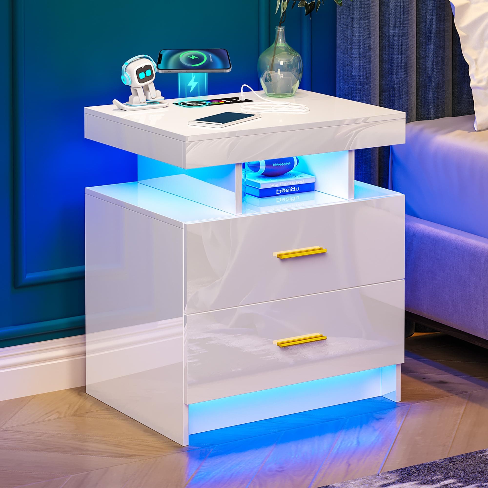 WOOVIVS Night Stand with Light, High Gloss Nightstand with USB/Wireless Charging Station, LED White Nightstands with Storage Drawers, RGB Side End Table for Bedroom Furniture(White