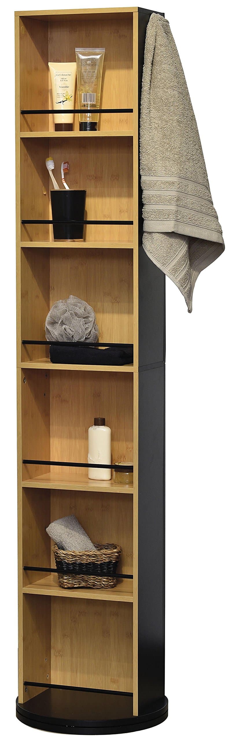 Pivoting Bathroom Storage Unit- 6 Shelves + 2 Mirrors + 2 Hooks- Vintage Style- Bamboo- Colour Black and Wood